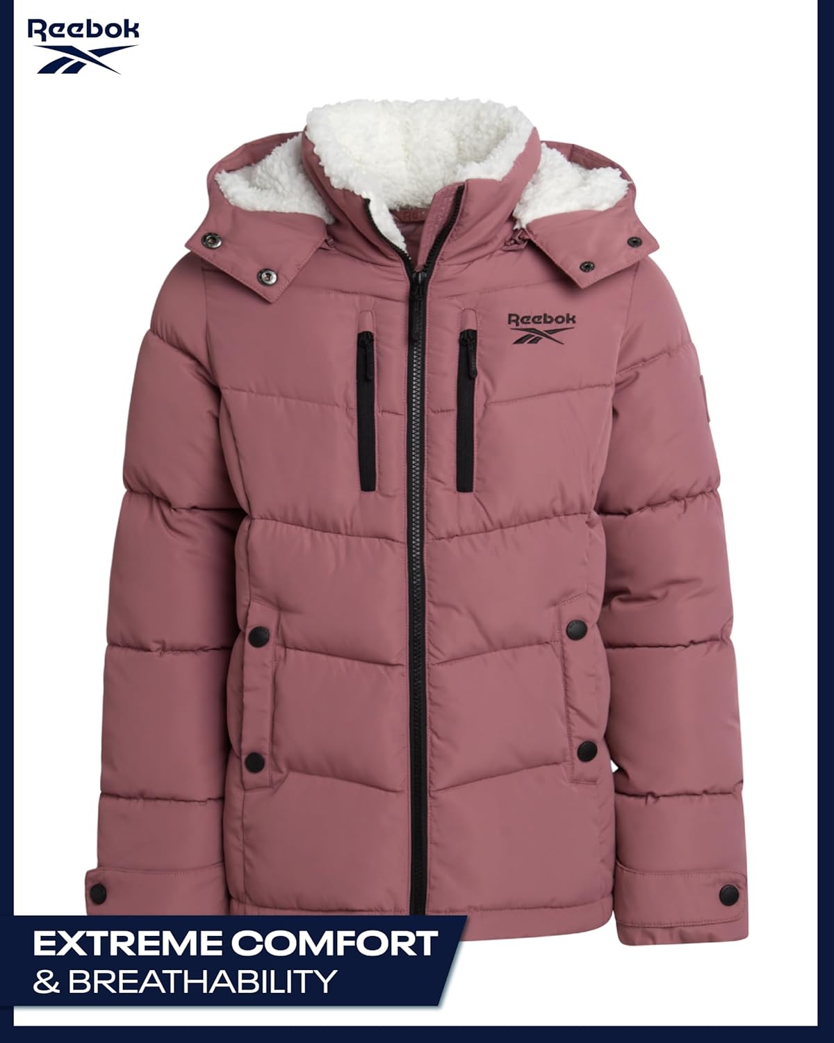 Reebok Girls Winter Coat - Heavyweight Quilted Girls Jacket Zip Up Weather Resistant Puffer Kids Winter Coat with Pockets - Image 4