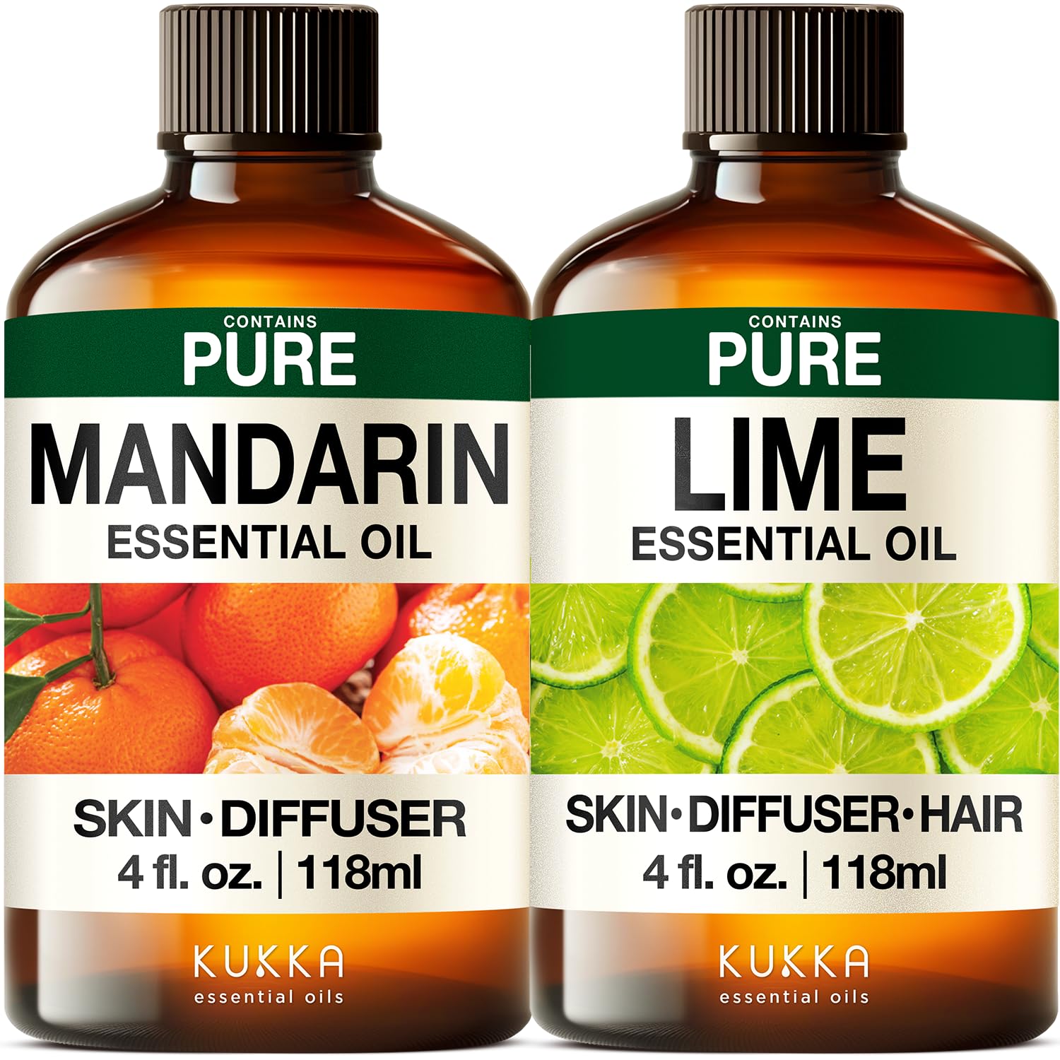 Mandarin Essential Oil for Diffuse & Lime Essential Oil for Diffuser Set - Aromatherapy Grade Essential Oils Set - 2X 4 Fl Oz - Kukka