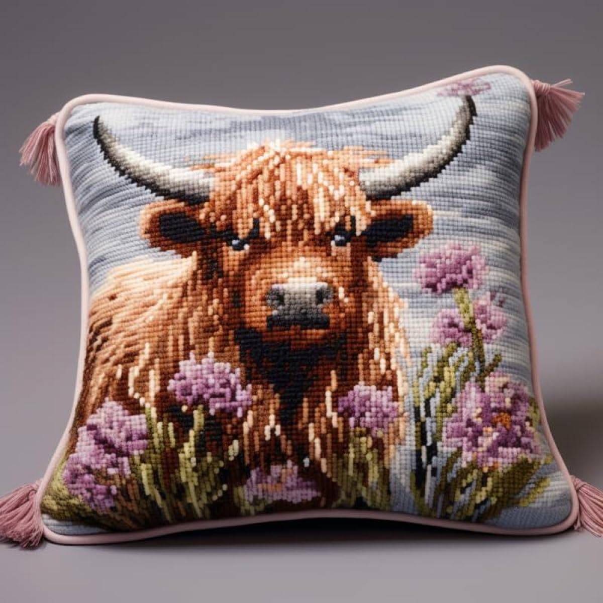 Taxpy DIY Latch Hook Kits for Adults Highland Cattle and Flowers DIY Pillowcase Kit for Kids Adults Animal Pillowcase Craft Kits with Printed Canvas 17X17In B
