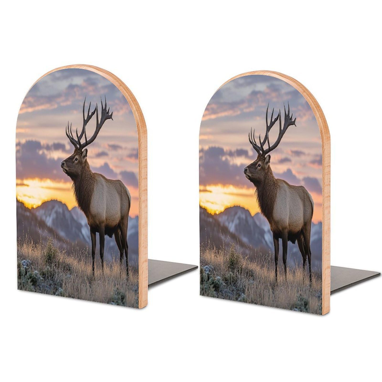 Red Deer Bull Elk Sunset Bookend Non-Skid Wooden Bookends for Shelves Heavy Duty Wood Book Ends Decorative Book Stopper Book Stand Non-Slip Book Organizer for Home Office Library