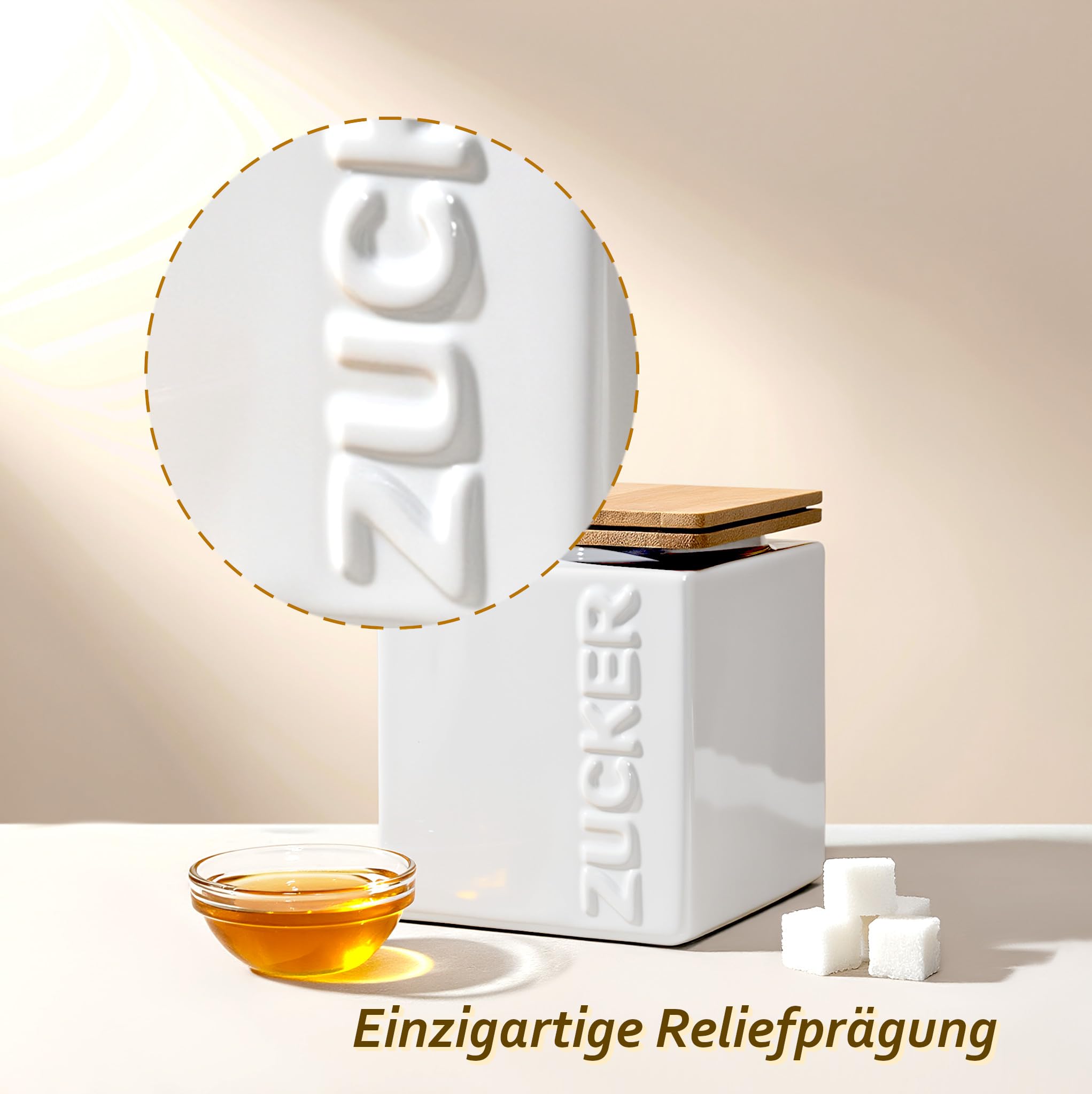 Zuckerdose luftdicht 1kg – Keramik Zuckerbehälter inkl. Bambus Messlöffel - Bambusdeckel für lange Haltbarkeit - eckig & platzsparend stapelbar - Weiß & Anthrazit