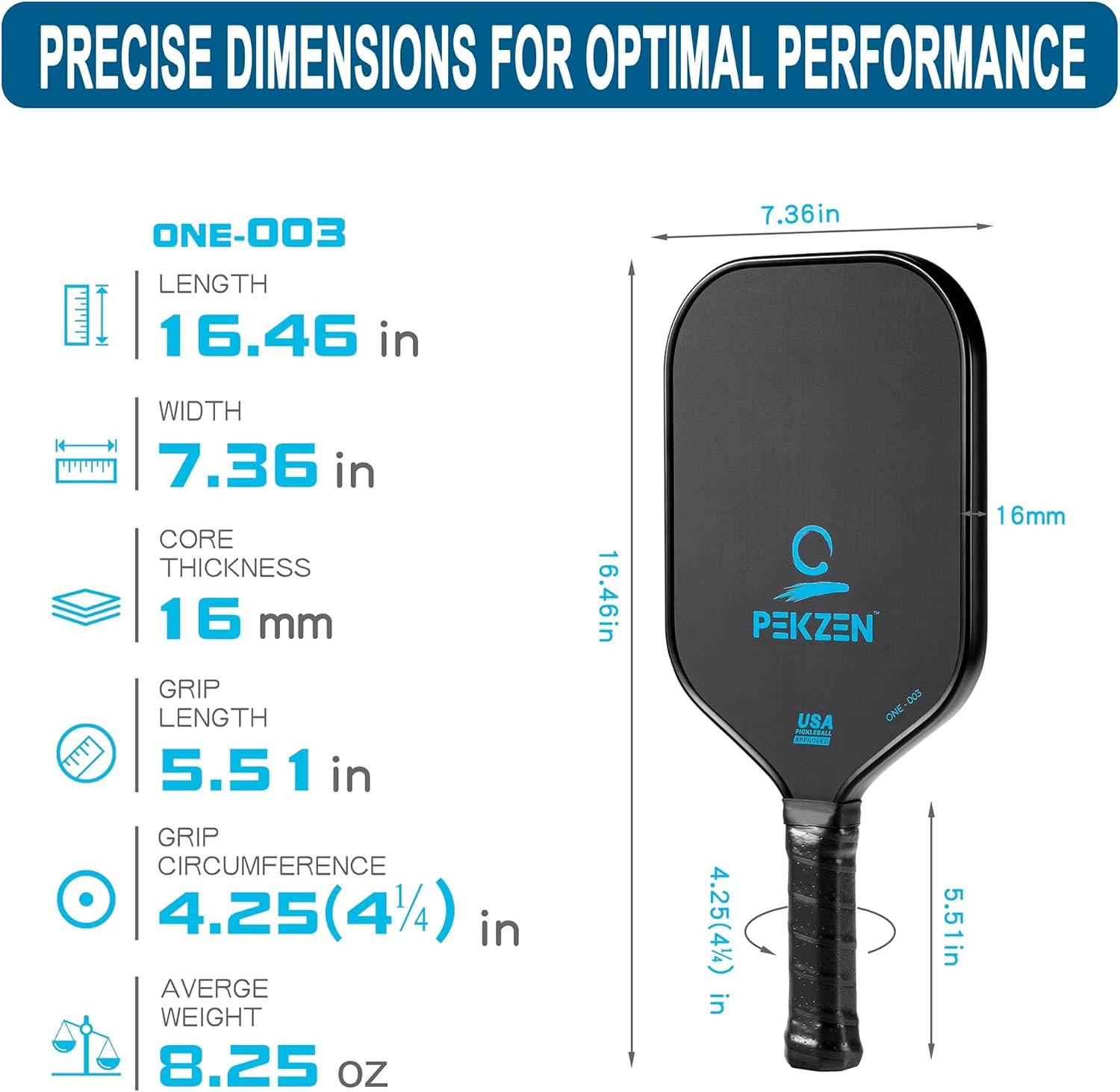 Limited Edition - PEKZEN Pro Japanese T700 Carbon Fiber Pickleball Paddle｜16mm Thermoformed | Power, Control & Exceptional Spin|Minimalist Graphics (Ocean Blue)