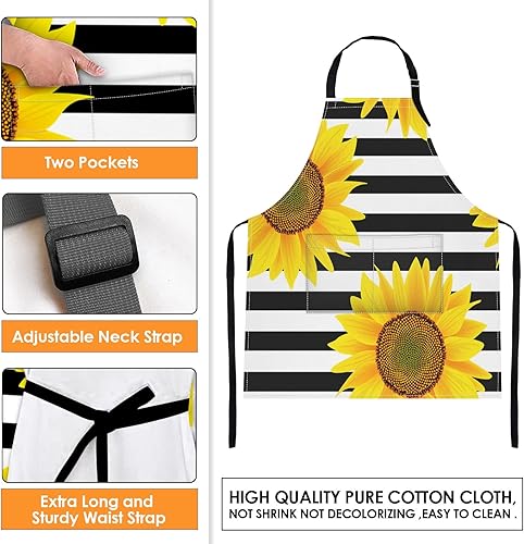 Miniatura 4 de Britimes Delantal de cocina para el hogar, cocina, horneado, jardinería para mujeres y hombres con bolsillos, girasoles a rayas, flores blancas y