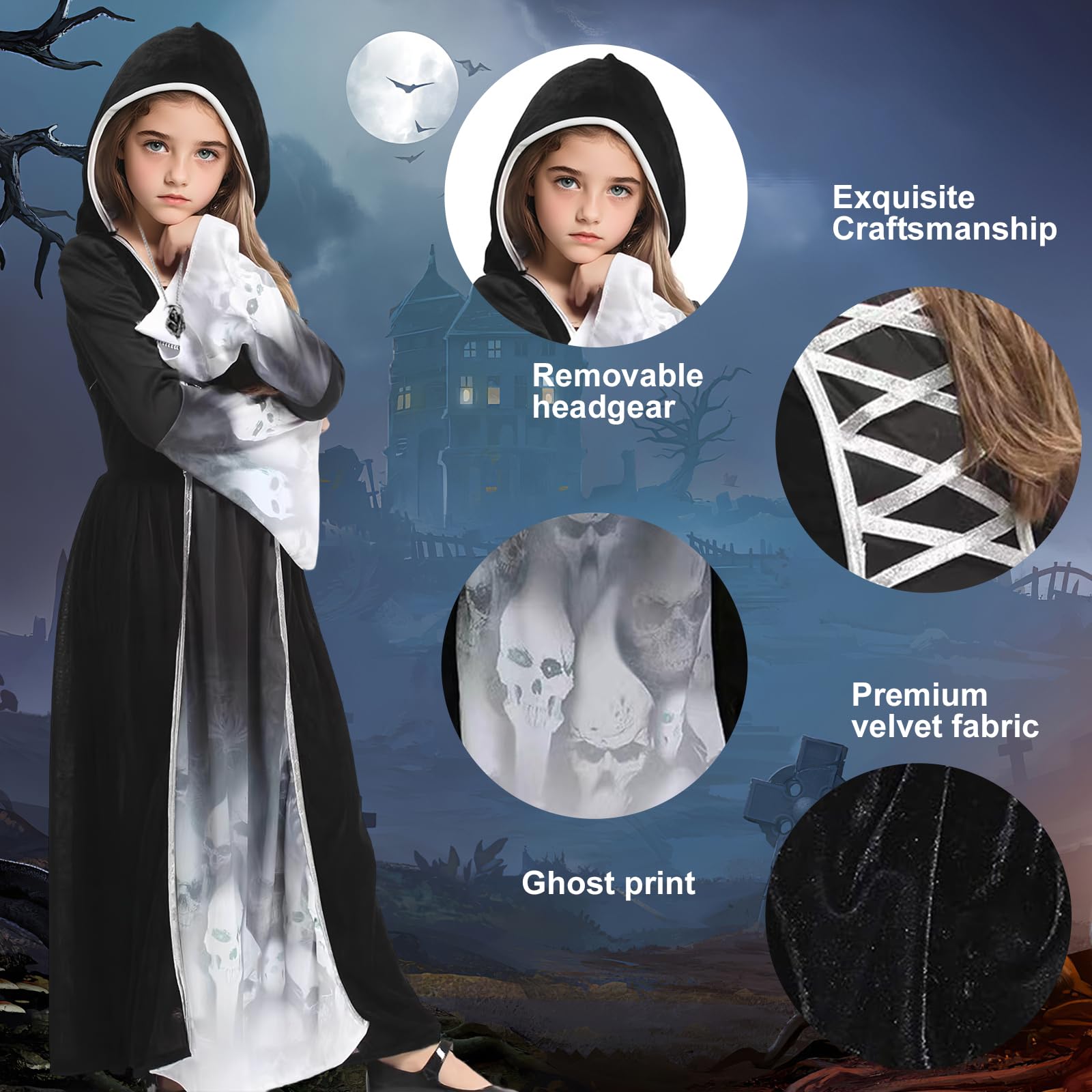 NebulaGlam Grim Reaper Costume Kids Girls, Halloween Reaper Costume Kids, Halloween Outfits for Girls Outfit Fancy Dress (M) - Image 2