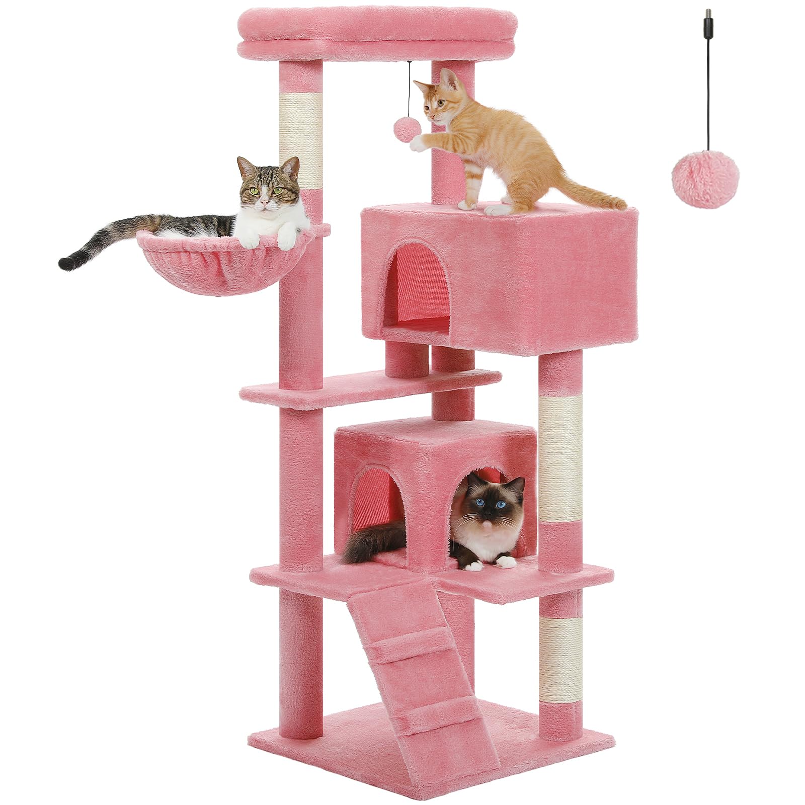 UYMI Pink Cat Tree for Indoor Cats, 2 Cozy Condos with Spacious Top Perch, 56.3-Inch Multi-Level Cat Tower with Scratching Posts, 2 Caves, Plush