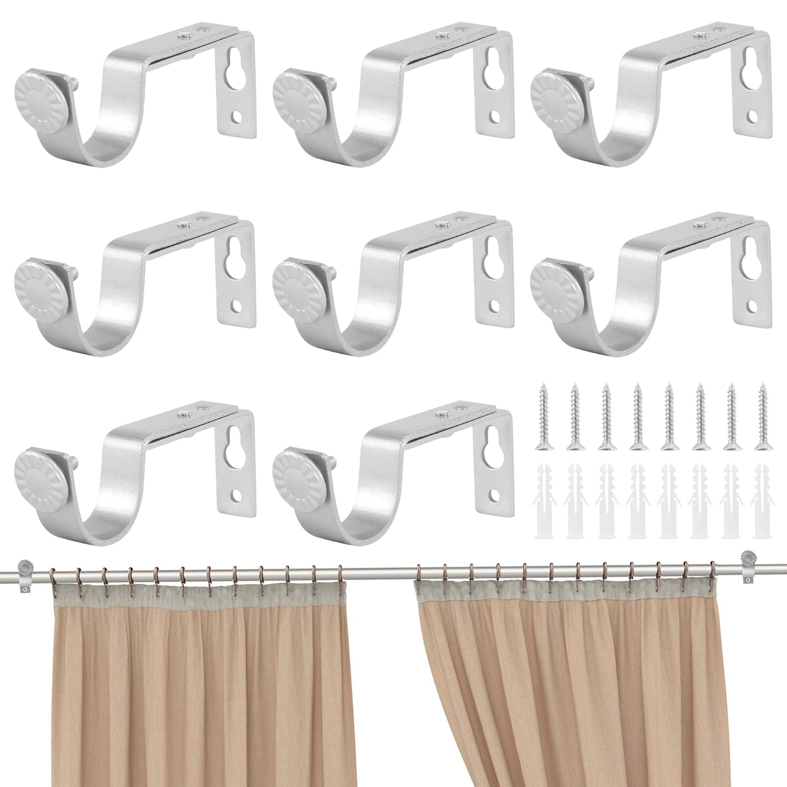 Gfueigj Silver 8 Pcs Curtain Pole Brackets Adjustable Curtain Brackets For Poles Metal Heavy Duty Curtain Rod Bracket For Home Office School