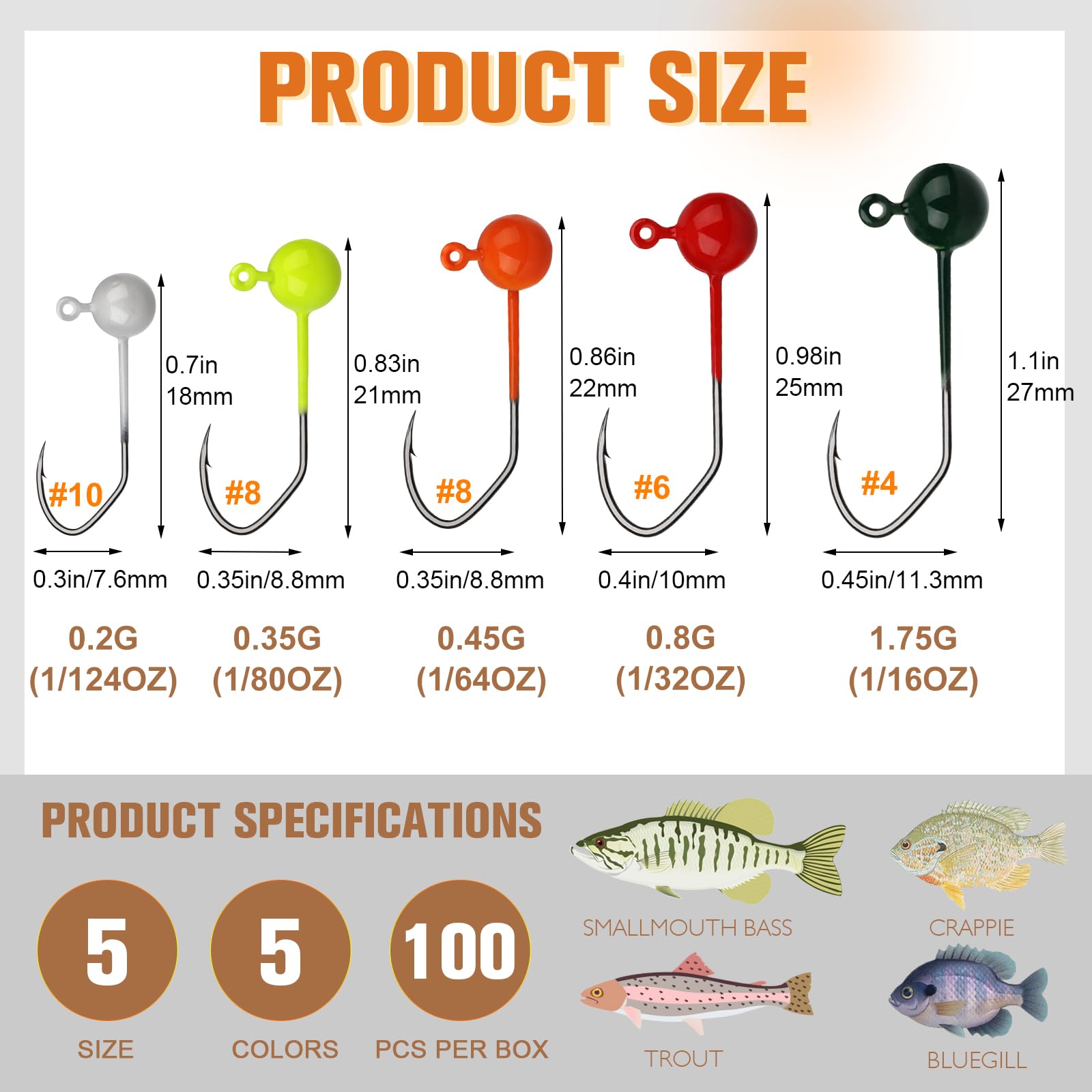 Dovesun 100pcs Fly Tying Jigs Kit, Jig Heads for Fly Fishing 1/124oz 1/80oz 1/64oz 1/32oz 1/16oz Jig Head Small Fly Fishing Hooks DIY Lure Making Kit Suit for Tying Flies | Crappie Lures