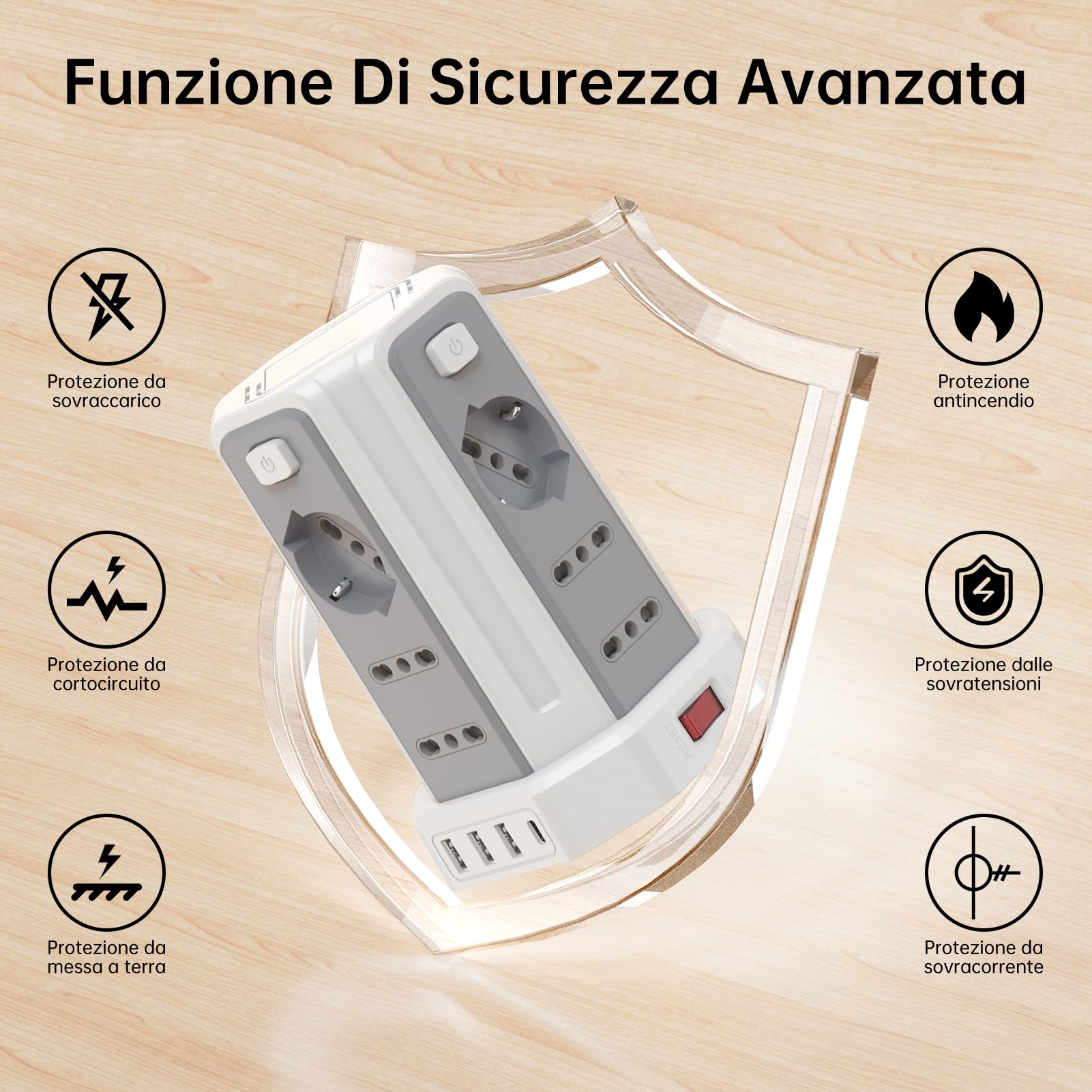 Regleta eléctrica de 2 Metros con 12 Tomas universales 10/16 A ITA y Schuko y 3 USB A+1 USB C protección sobretensión con 4 interruptores Independientes, Blanco