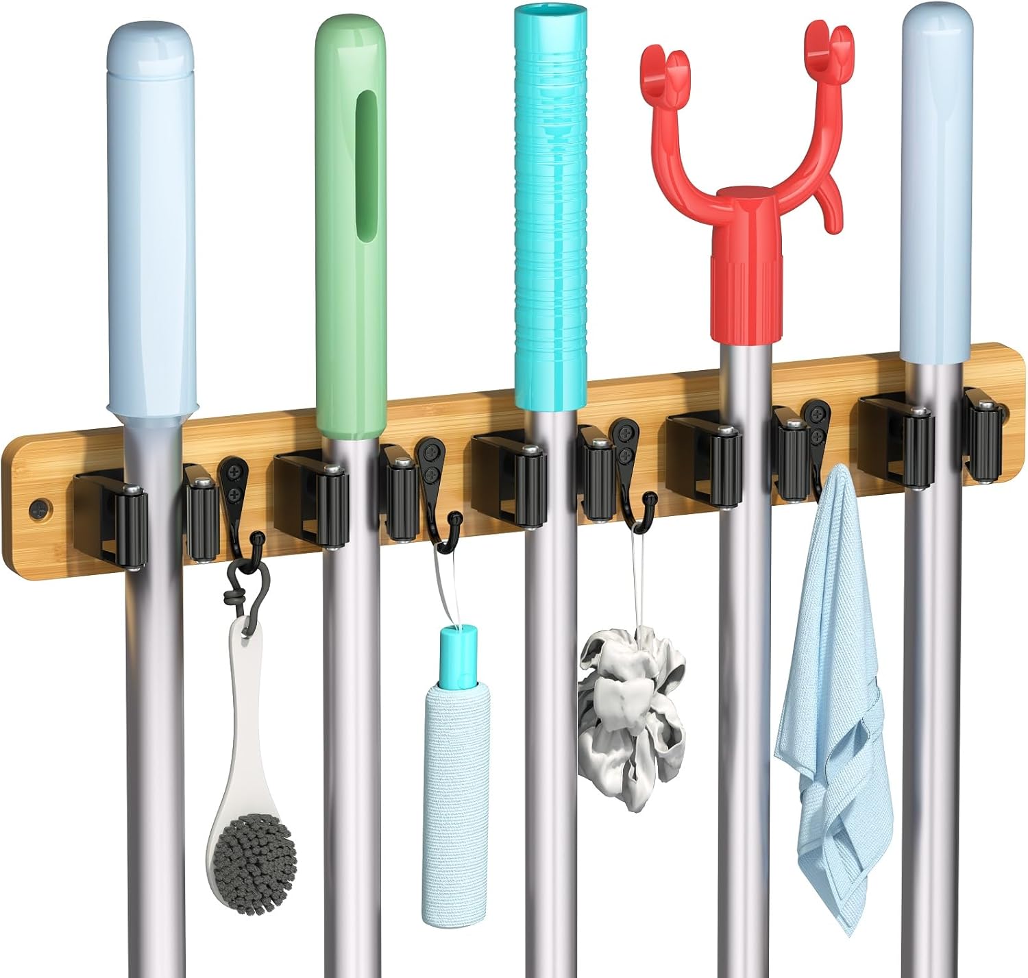 Bamboo wall mount organizer for mops brooms and hooks