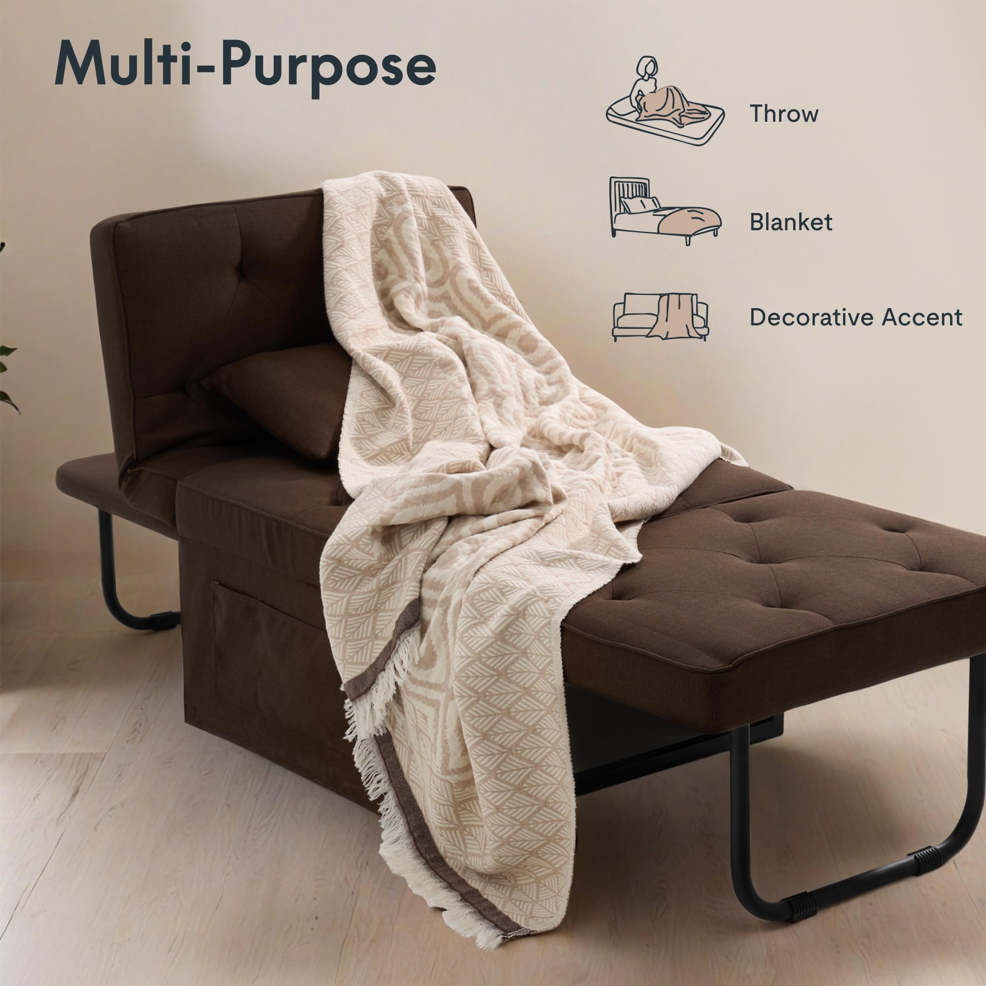FLEXISPOT Premium Turkish Cotton Throw Blanket 130x170 cm, Soft Jacquard Weave Sofa Blanket, Pre-Washed & Skin-Friendly, Lightweight Bedspread for Couch, Travel, Camping & Home Decor Braun