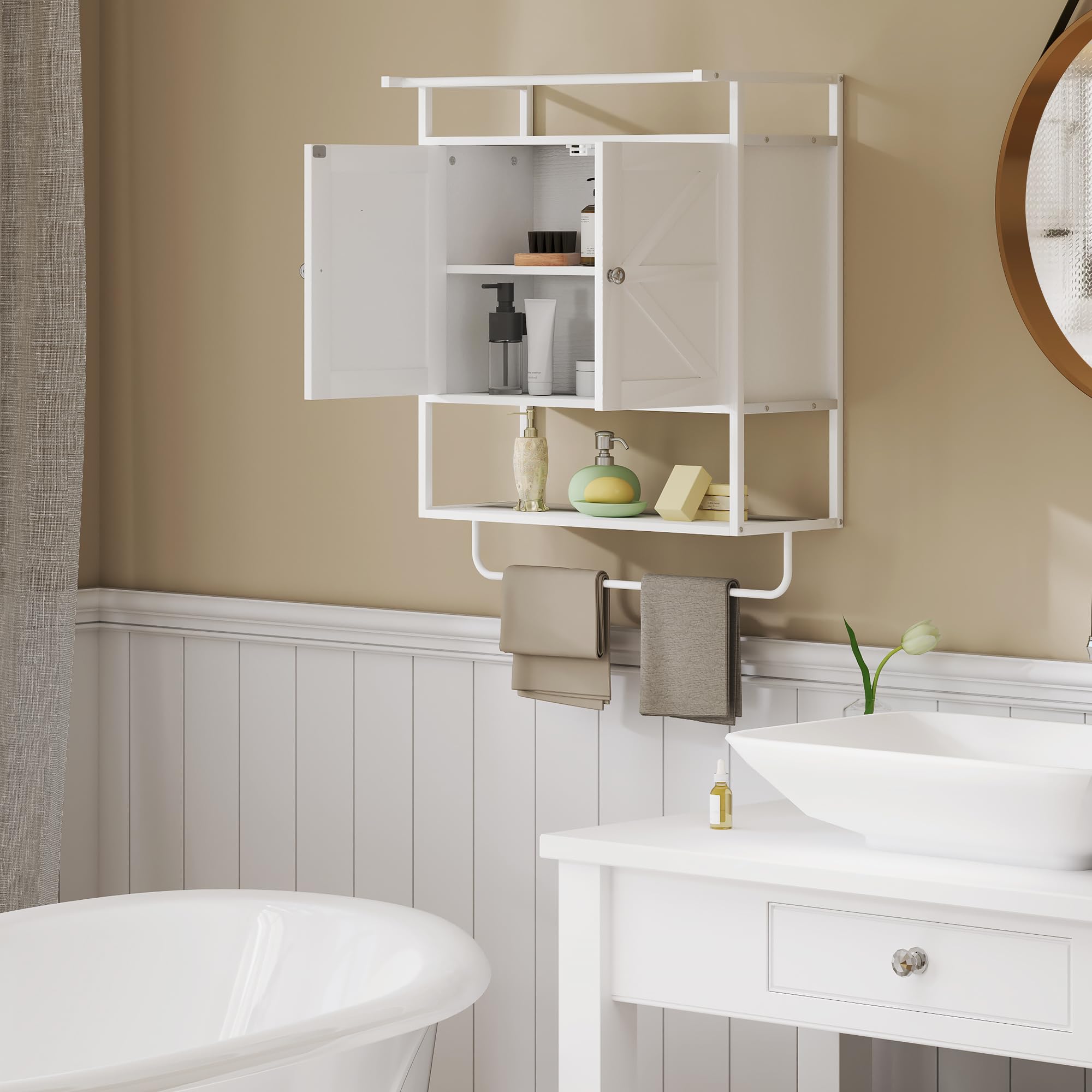 HOMCOM Armario de Pared para Baño Multiusos Armario Colgante de Almacenamiento Mueble de Baño Suspendido con Estante Toallero 2 Puertas 63x34x75 cm Blanco