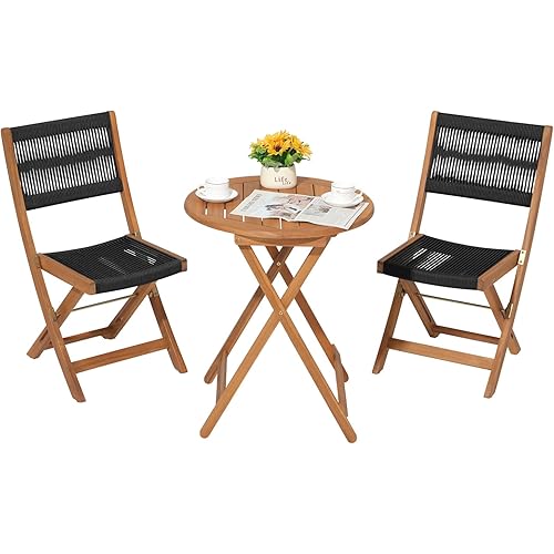 OC Orange-Casual 3 Piece Acacia Patio Bistro Set, Outdoor Compact Wood Table and Chairs Set of 2 for Apartment Balcony Front Porch Deck Yard, Black