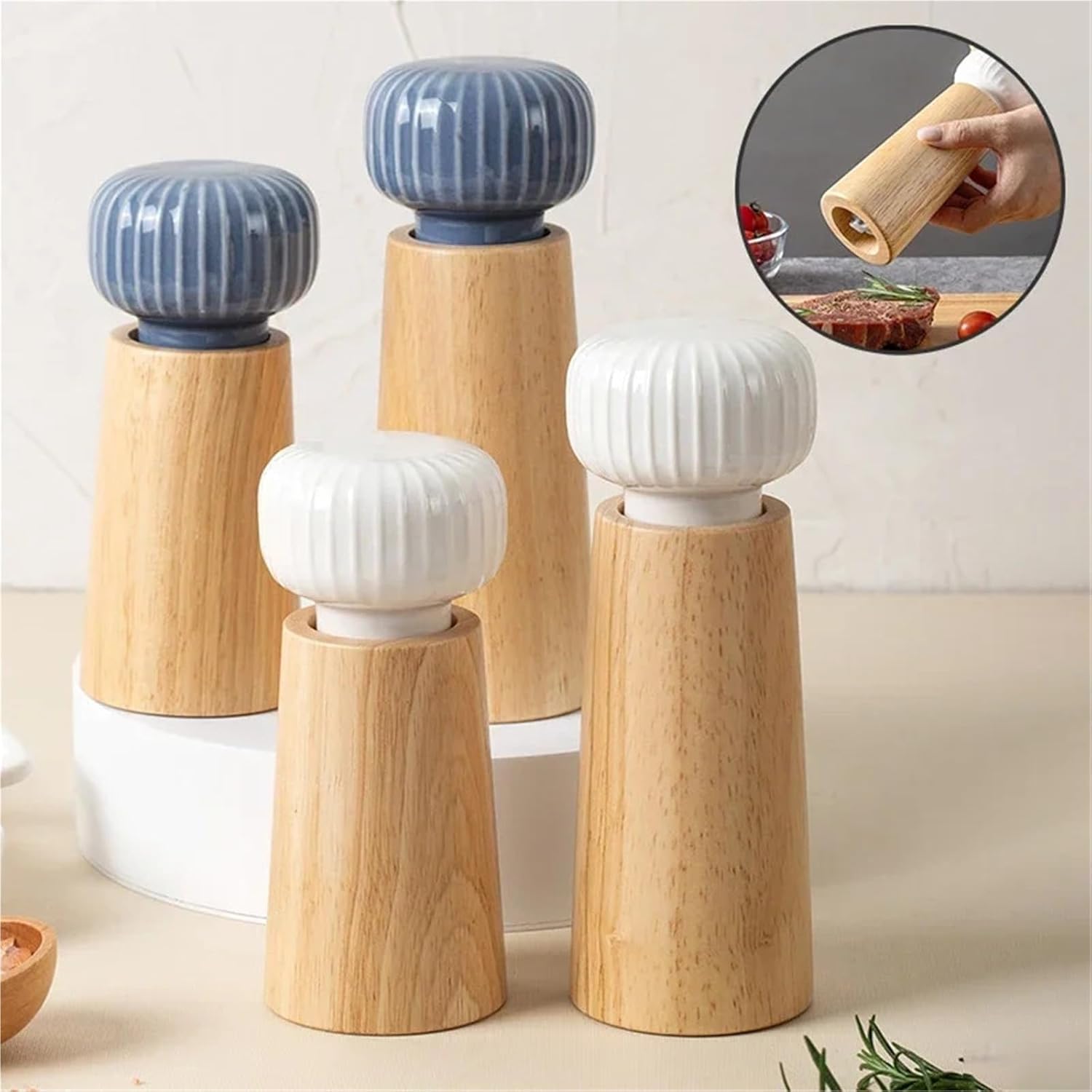 Wooden Manual Salt and Pepper Grinder, Refillable Spice Mill with Adjustable Ceramic Core(Large White)