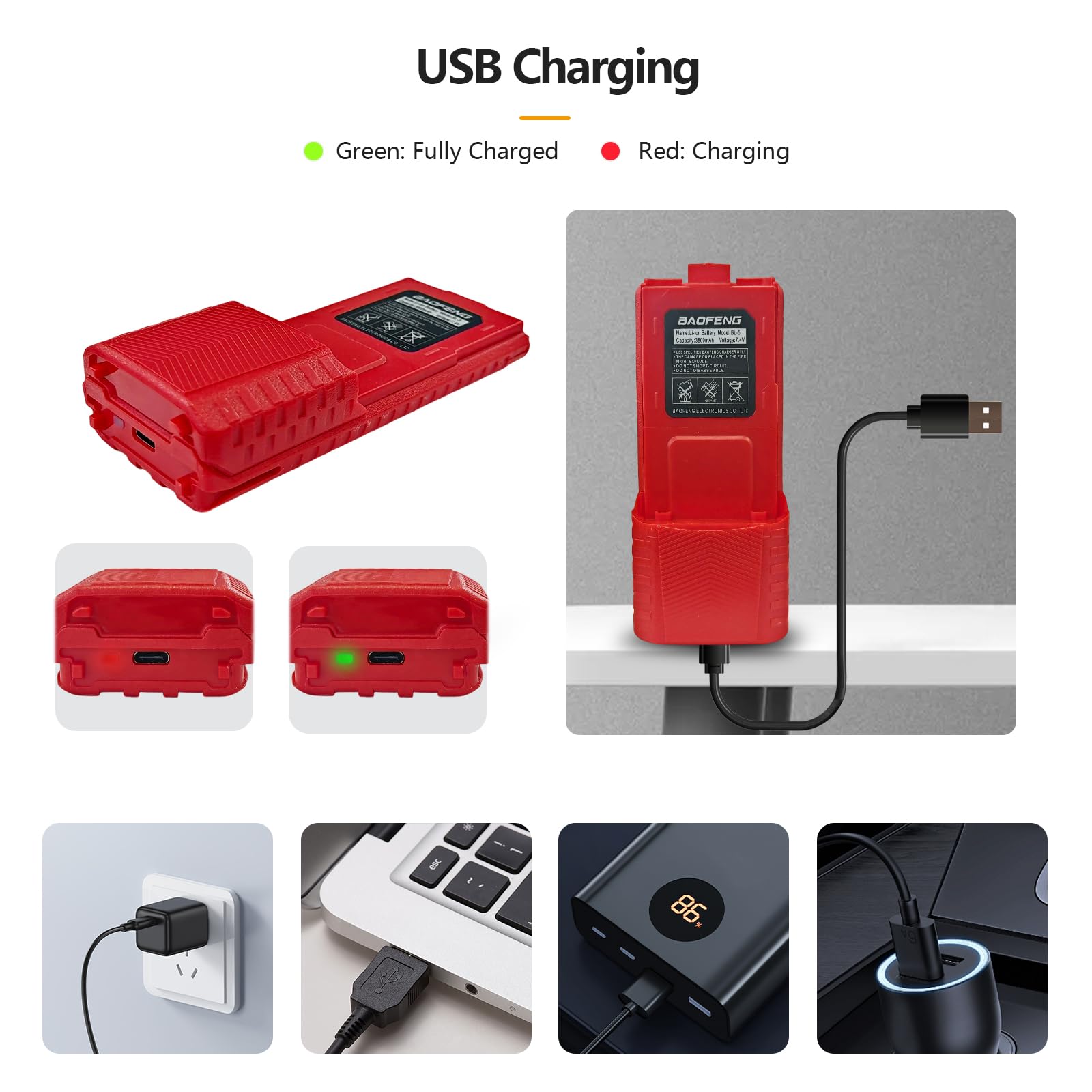 BAOFENG UV-5R Radio Battery Extended 3800mAh USB-C Charging Red Replacement for BF-F8HP New Version for BF-F8 Rechargeable Bl-5 Two Way Radio Battery with Type-c Charging Cable