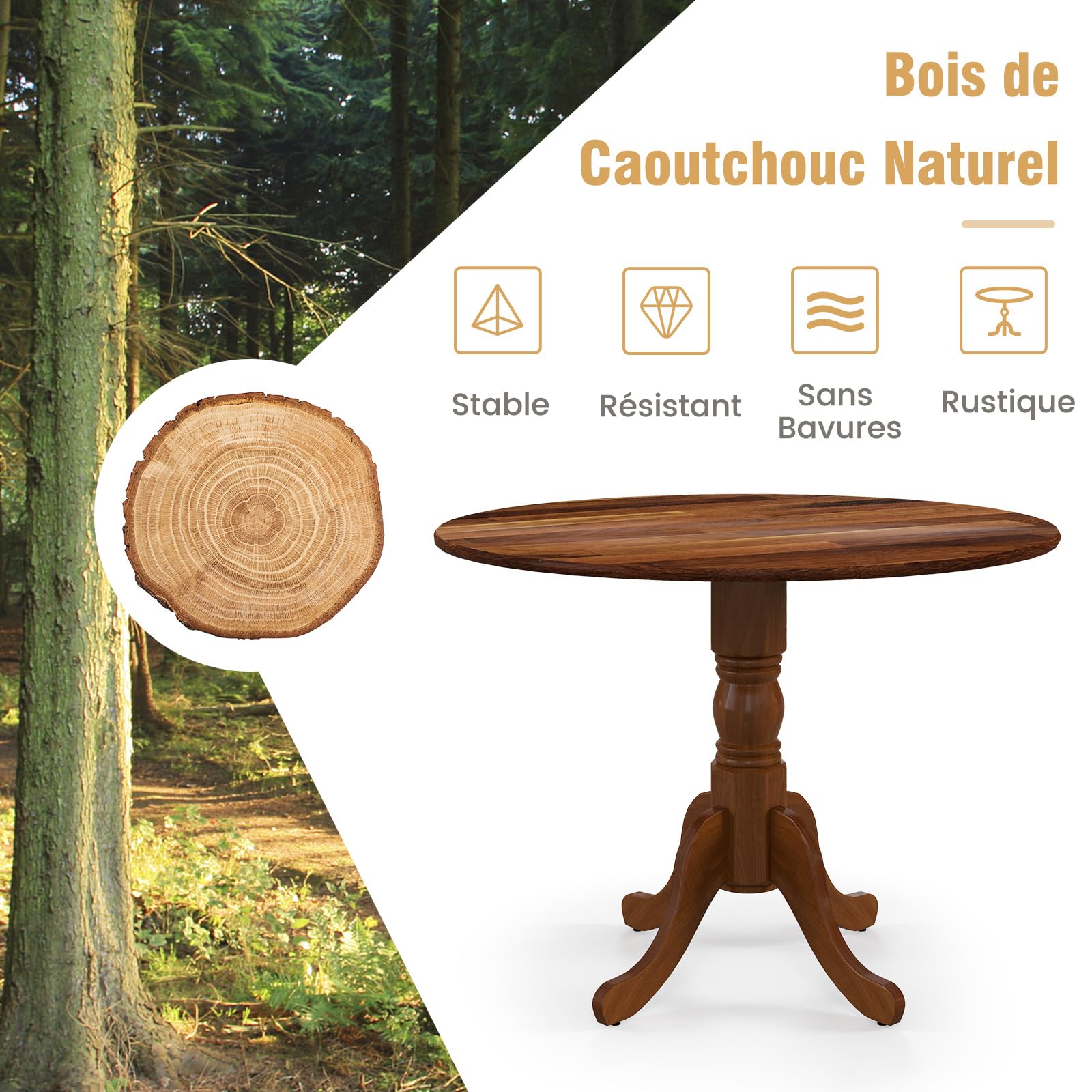COSTWAY Table a Manger Bois Ronde 100 x 100 cm, Table de Cuisine 4 Personnes, Piédestal Design Vintage, pour Salon, Hotel, Appartement, Charge 100 kg (Noyer)
