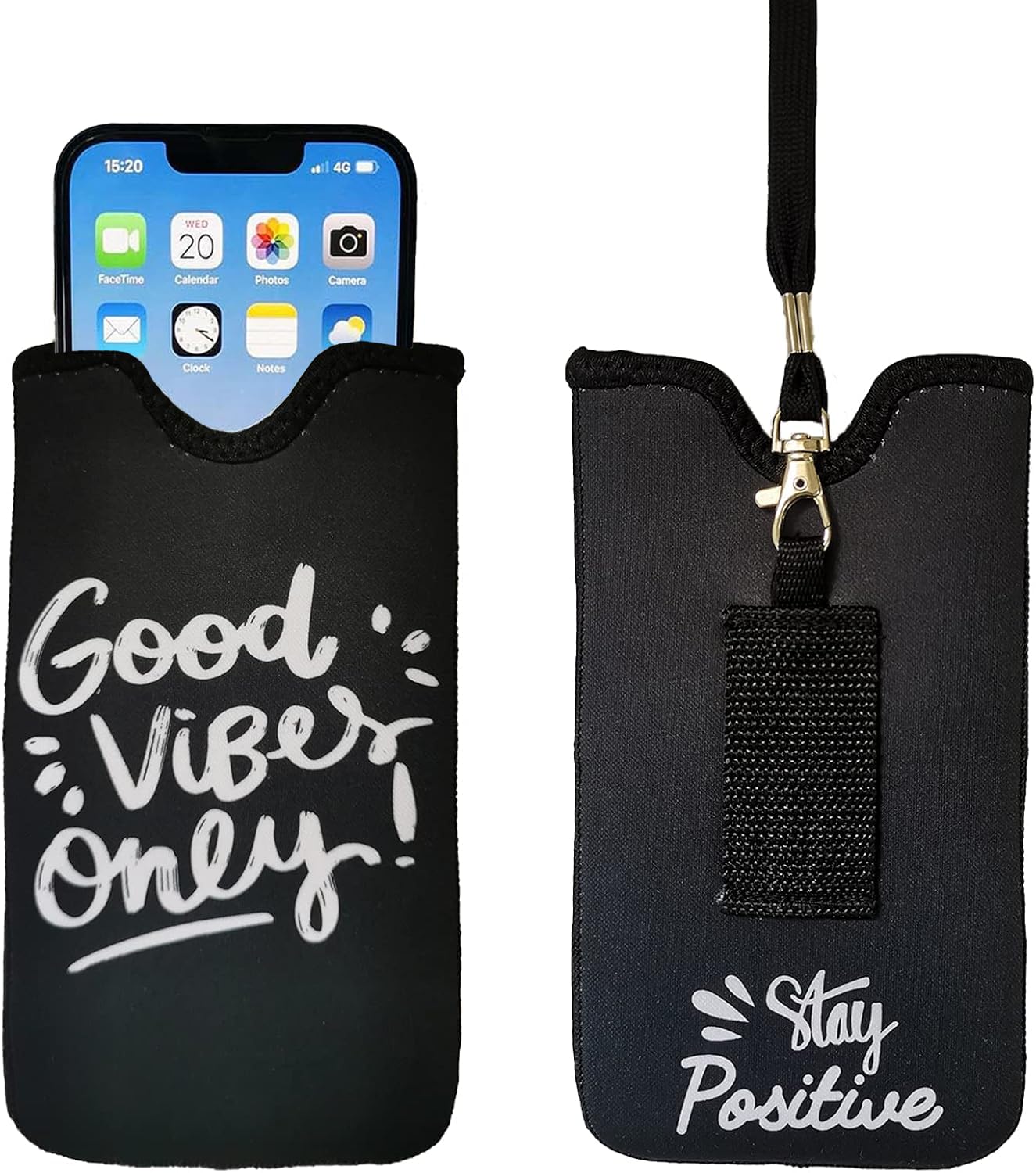 Tainada Neck Cellphone Sleeve Carrier w/Belt Loop (Good Vibes Only Black)