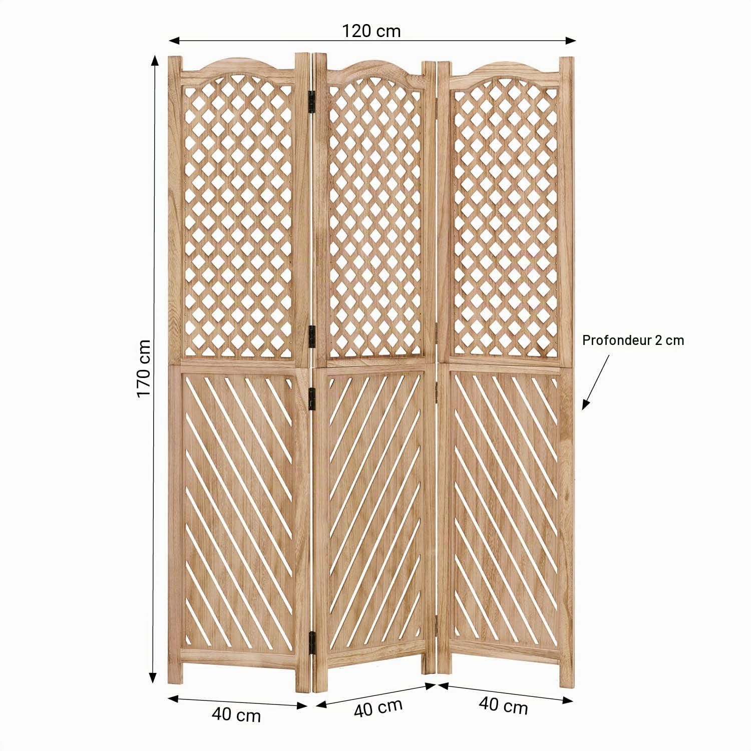 Homestyle4u 2014 Paravent 3 panneaux en bois naturel, protection visuelle espagnole