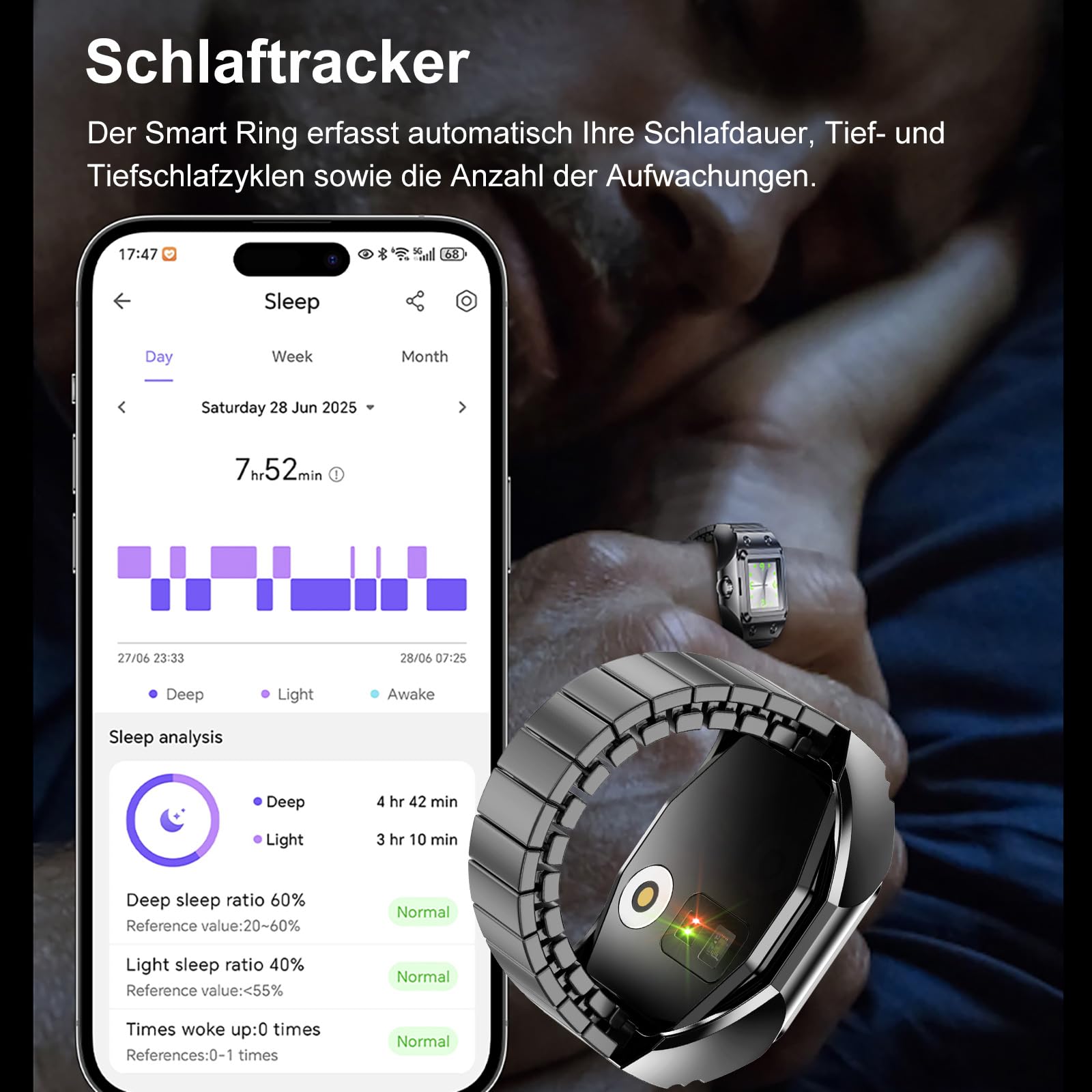 Smart Ring - Anello da uomo e da donna, analogico, al quarzo, per il fitness, per il fitness, per il fitness, per la frequenza cardiaca, contapassi, per il sonno, per il fitness, elastico, in metallo