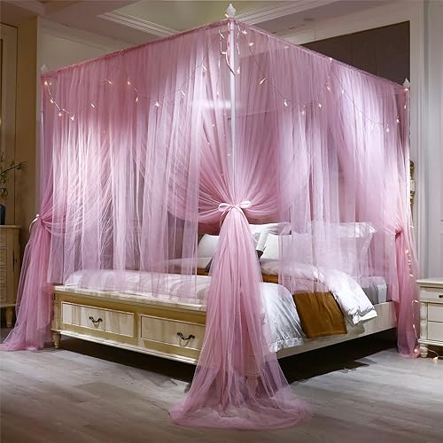 Miniatura 2 de VETHIN Cortina de cama de princesa de 4 esquinas, doble capa, acogedora red mosquitera de 4 aperturas para niñas y adultos, accesorios de decoración