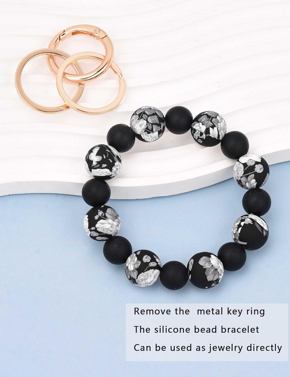 BAOSIWA Silicone Beaded Keychain Wristlet Key Ring Bracelet with 2 Keyrings for Women Girls, Fits for Small Wrists - Image 5