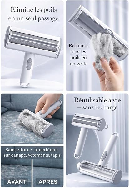 Brosse Anti-Poils Animaux Double Face – Rouleau Enlève Poils Réutilisable, Nettoyage Rapide Canapé, Vêtements, Tapis – sans Recharge - 1
