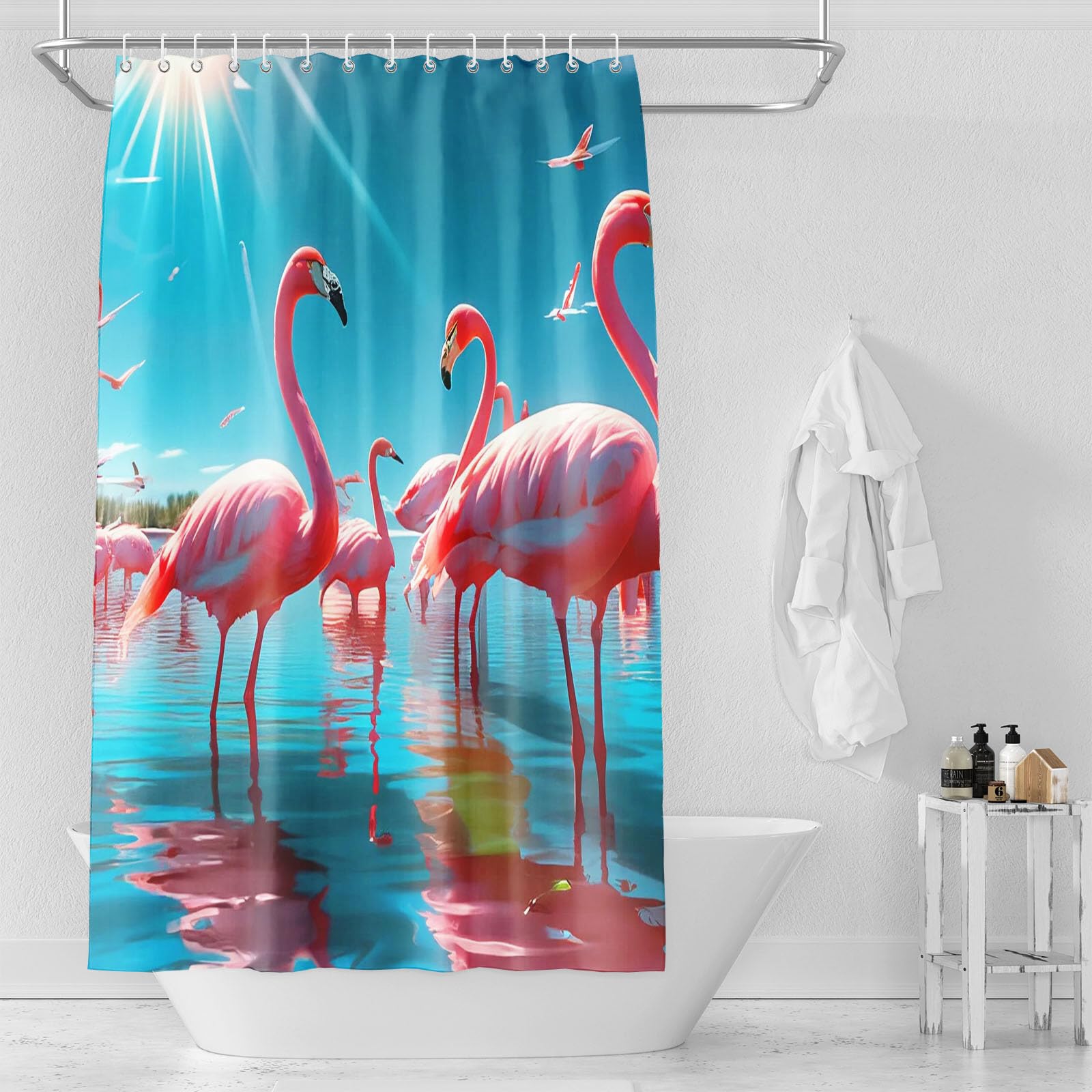 Flamingo Duschvorhang 180x180, Flamingo Duschvorhänge Pink 180x200 Textil 120x200 Rosa Flamingo Tropische Blätter Duschvorhänge Flamingo Shower Curtains (5,180 x 200 cm)