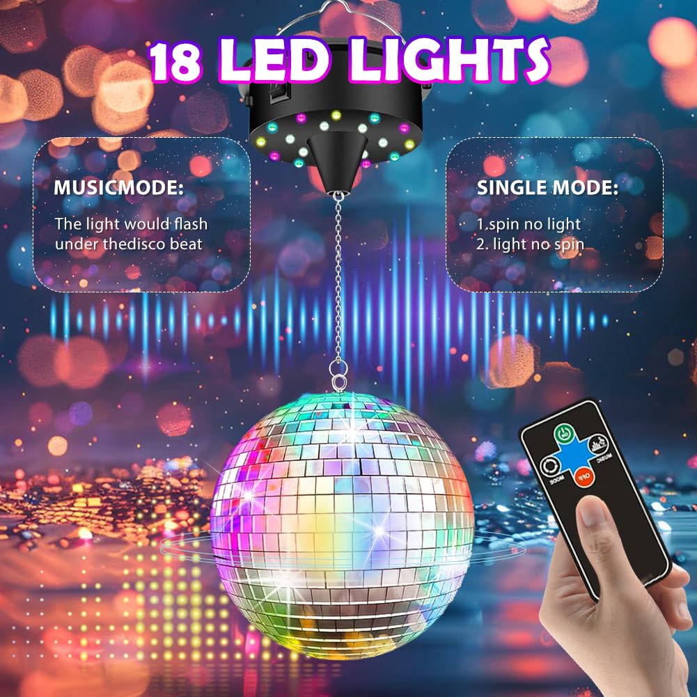 Sfera da discoteca con motore, sfera girevole, regolabile 5/8/10/15 giri/min, con sfera a specchio argentata da 15,2 cm e 4 luci colorate, 18 perline LED, telecomando per feste, effetti di luce da