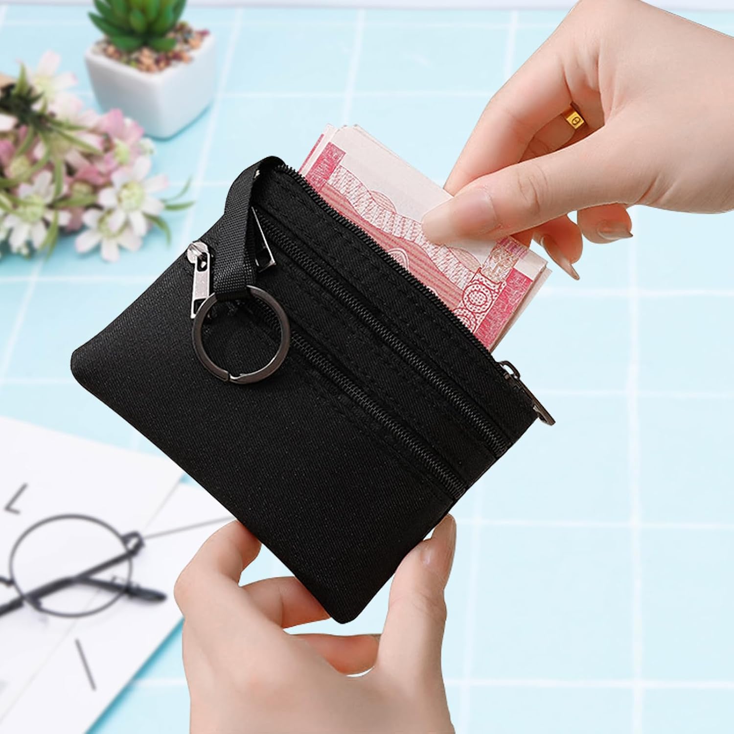 Keychain Wallet, Nylon Zipper Key Chain Wallet with Multi Pocket for Keys/Card/Coin/Change, Avoid Scratches Small Coin Purse for Daily Use Keep Small Items Neat Mini Wallet (Black) image 5
