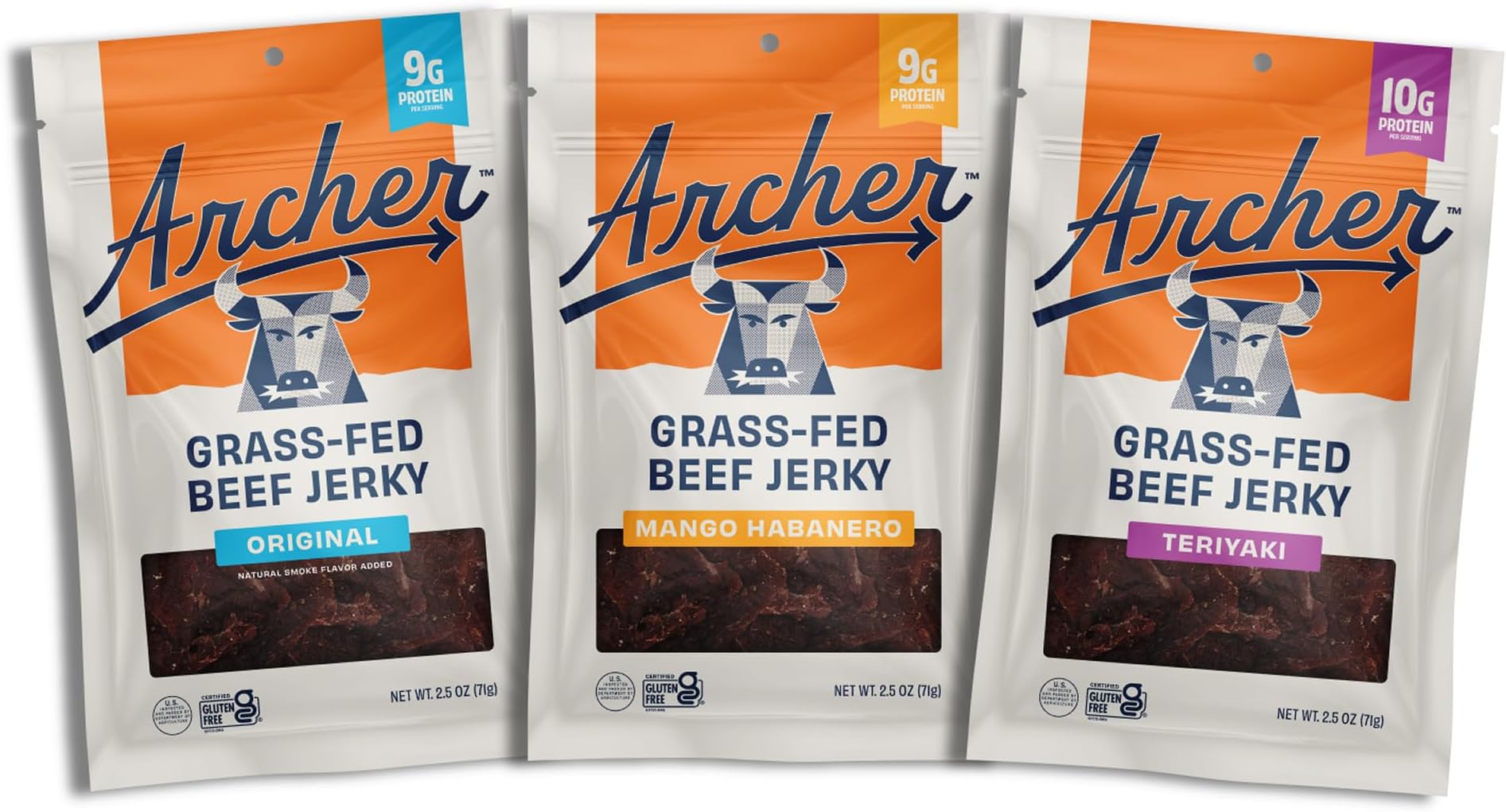 Archer Jerky Grass-Fed Beef Jerky Variety Sampler - Beef Snack Packs, Flavor Assortment, Snack Sampler with Original, Mango Habanero, & Teriyaki - 2.5 oz (Pack of 3)