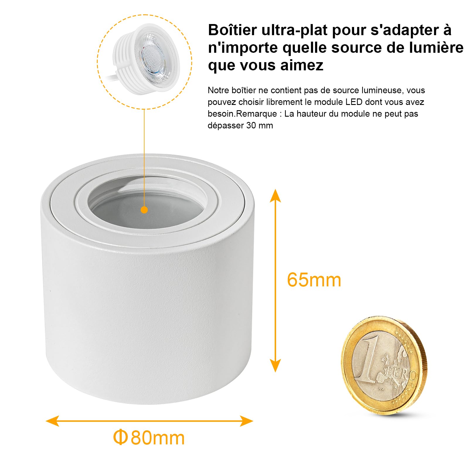 Spot en Saillie IP44, Plafonnier Salle de bain, Spot LED en Saillie Plafond 230V Imperméable, Ø80x65mm aluminium Rond Blanc downlight pour Modules LED, Lot de 4