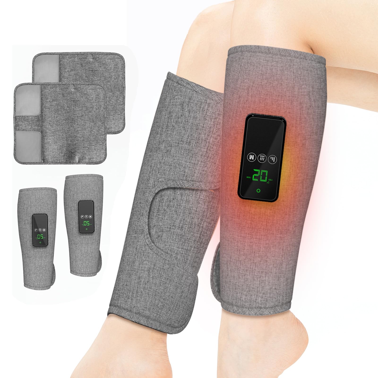 Massaggiatore Gambe Pressoterapia, 2 pcs Pressoterapia Gambe per Casa Senza Fili, 3 Modalità & Calore, Batteria 2500mAh- Per Rigidità Muscolare e Recupero Sportivo