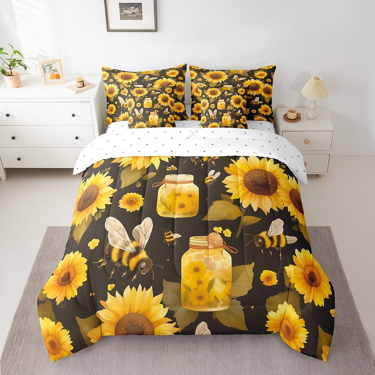Full Size 7 Piece Comforter Set Honeybee Sunflower Bed Sheet Honey Bedding Sets Yellow Black Reversible Bed Sheet Sets(1 Comforter 2 Pillowcases 1 Flat Sheet 1 Fitted Sheet 2 Throw Pillow Covers）