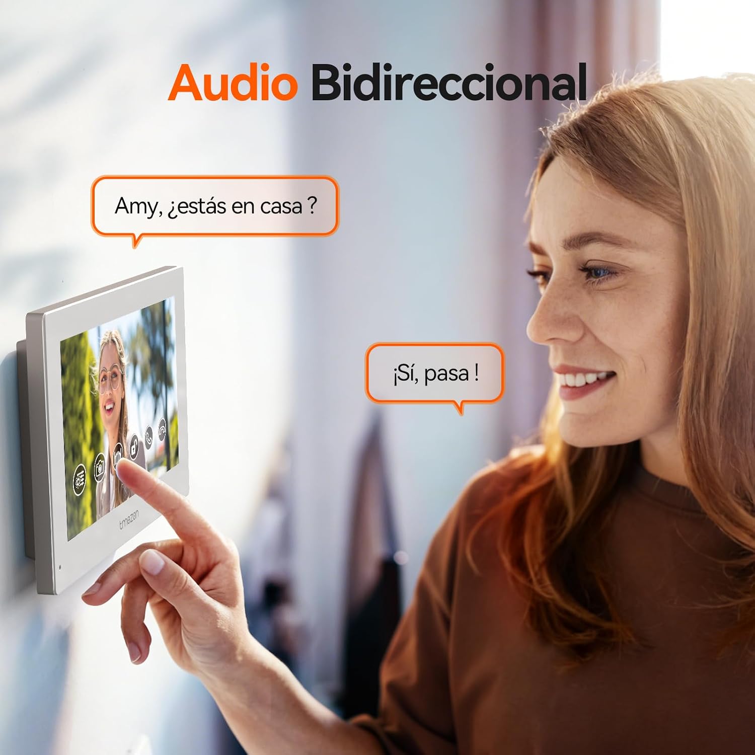Woman speaking into the indoor monitor, with speech bubbles indicating two-way audio