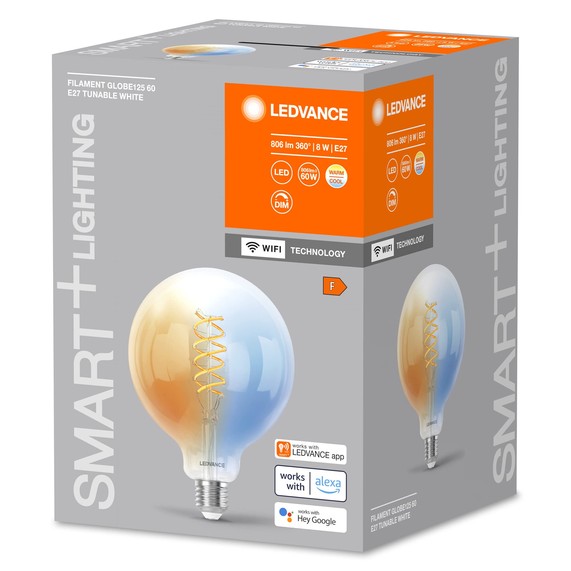 LEDVANCE SMART+ WIFI LED-Lampe, Weißglas, 8W, 806lm, Kugel-Form mit 125mm Durchmesser & E27, regulierbares Weißlicht (2700-6500K), dimmbar, App- oder Sprachsteuerung,15000 Stunden Lebensdauer,4er Pack