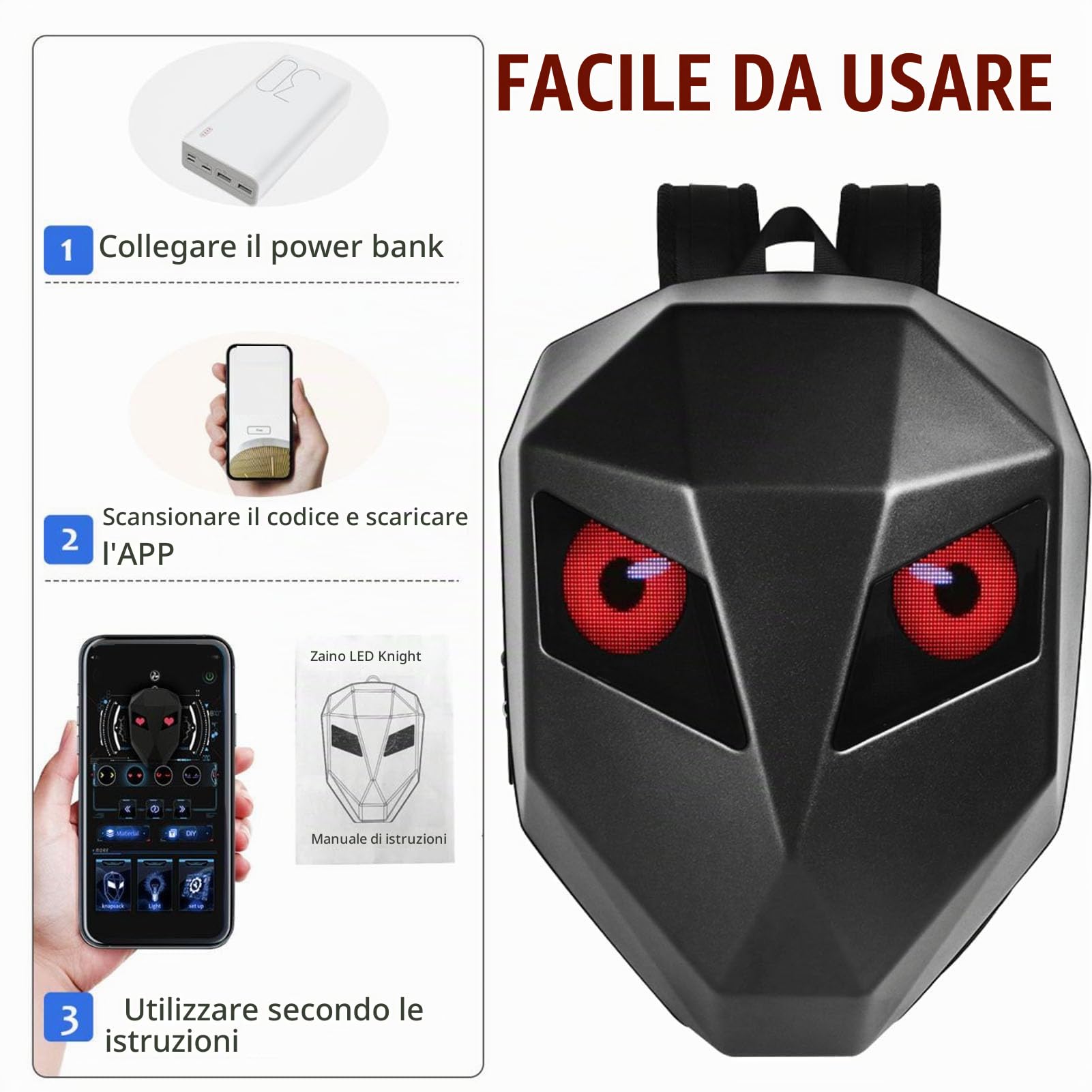 Zaino LED programmabile con schermo 48x48 pixel, guscio rigido, USB, per moto, viaggi, eventi, personalizzabile