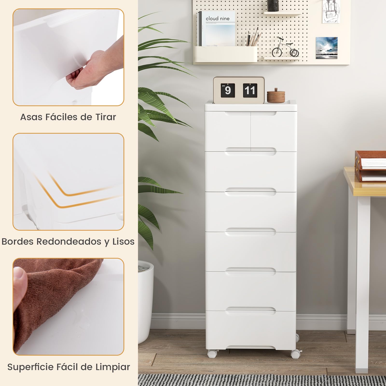 GOPLUS Carro de Almacenamiento de Plástico con Cajones, Mueble Organizador Móvil con 4 Ruedas Universales, Contenedor de Almacenamiento Vertical para Dormitorio, Oficina (Blanco, 6 Cajones)