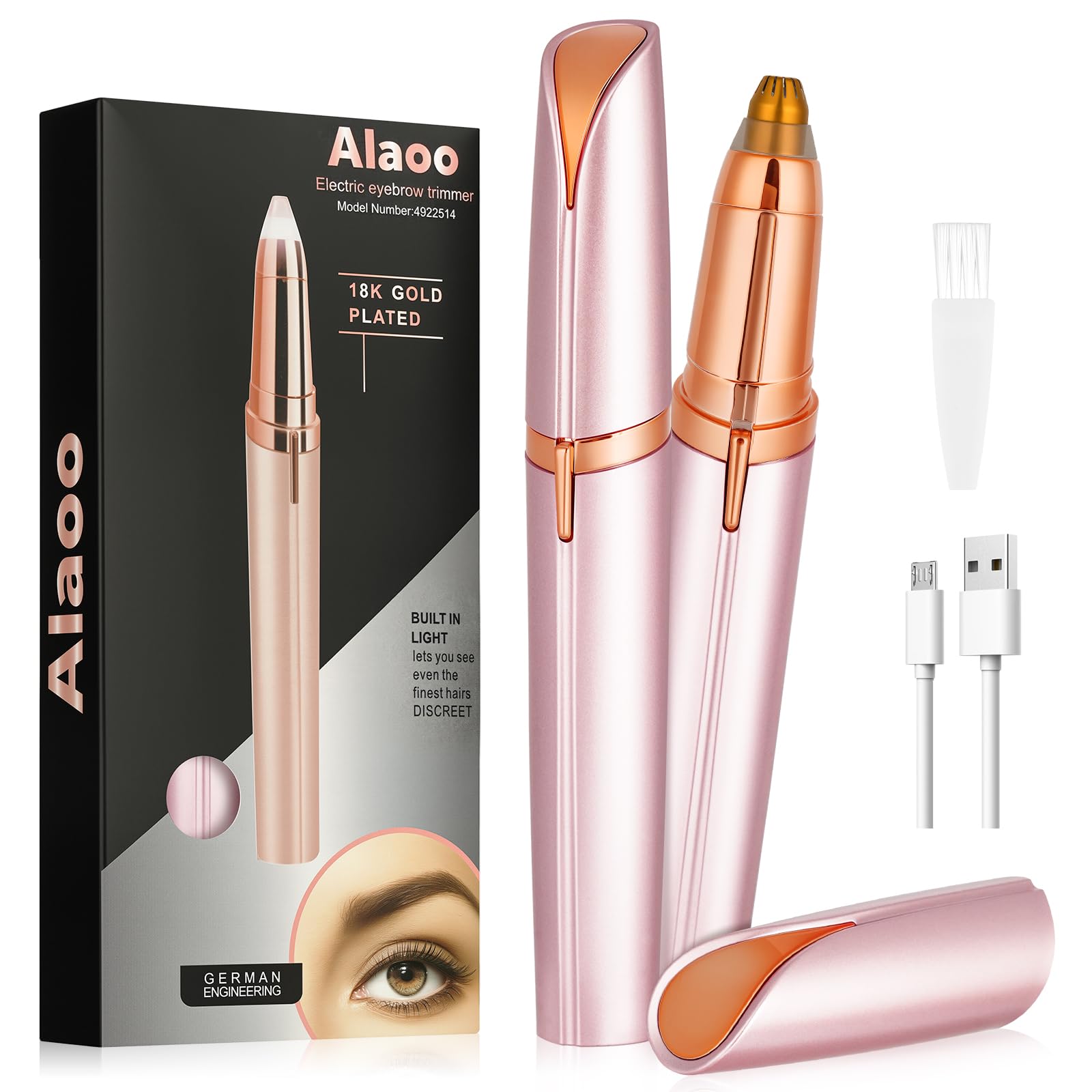 Alaoo Depiladora Facial Mujer, Depiladora Cejas Mujer Eléctrica, Sin dolor Eléctrica Removedor de Vello Facial, Portátil, USB Recargable y Luz LED, para Cara Nariz Labio (Oro rosa)