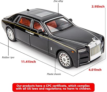 1/18 Rolls Royce Phantom Model Car, Alloy Die-casting Collectible Trolley Toy Vehicle, Classic Two-door Model, Cildren‘s gift (black)