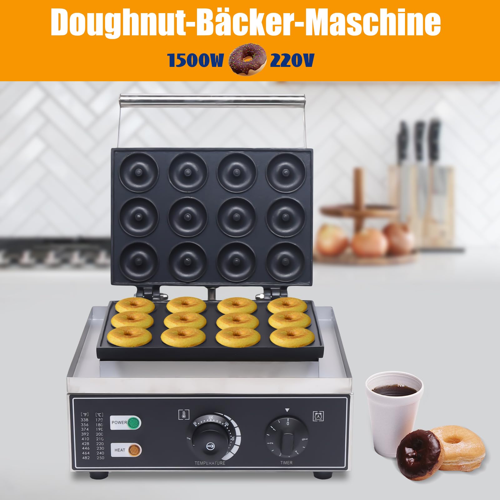 Lot de 12 machines à donut 220 V 1550 W en acier inoxydable antiadhésif contrôle de la température 50-300 °C Chauffage rapide 1 à 5 minutes Idéal pour les fêtes, cafés, salons de thé