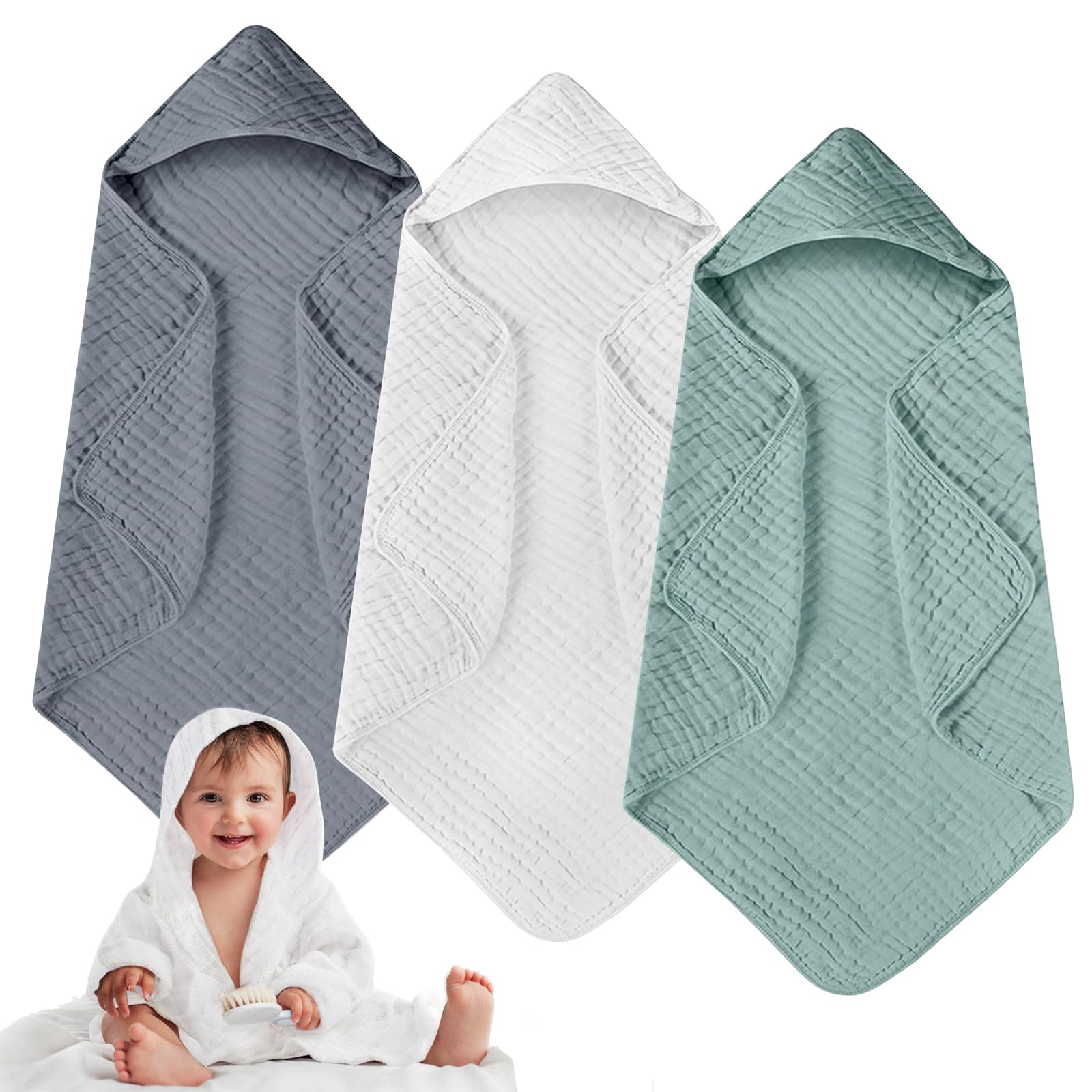 Baby Asciugamano con Cappuccio, 3 Pezzi Accappatoio Bambini per Bagnetto, Asciugamani con Cappuccio in Cotone 100% Mussola 80 x80 cm, Asciugamano per Bambini con Cappuccio, Accappatoio Neonato