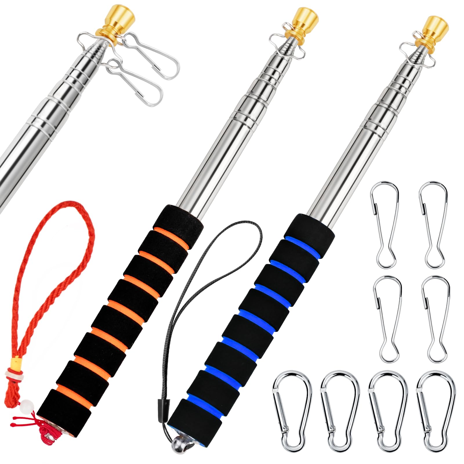 Mâts télescopiques en acier inoxydable de 2 m, supports de drapeau durables avec clips