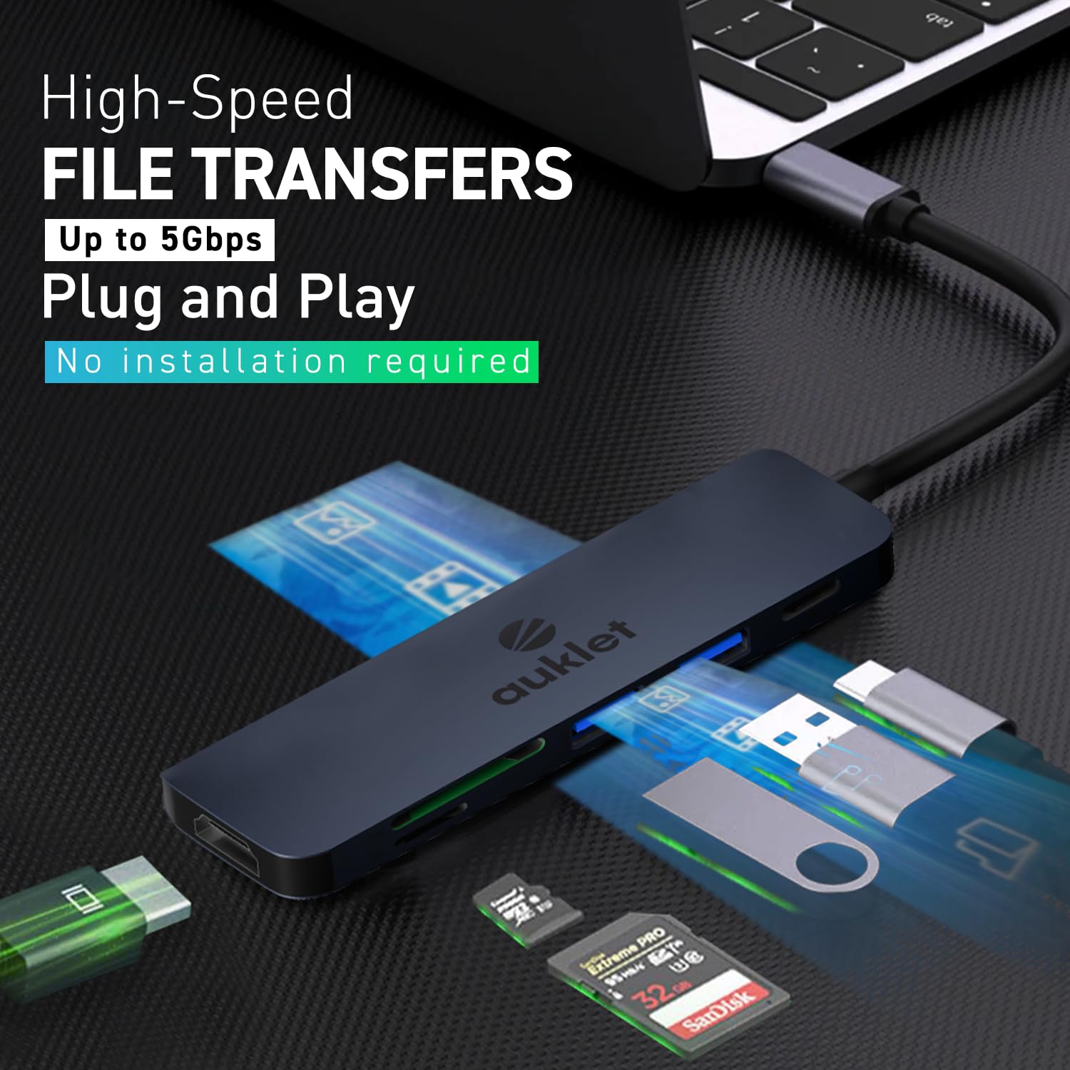 Auklet USB C Hub Docking Station, 6-in-1 Aluminium USB C Hub,4K HDMI@30HZ,100 W Power Delivery,SD/TF Card Reader, Compatibile with iOS, Windows and Linux 3