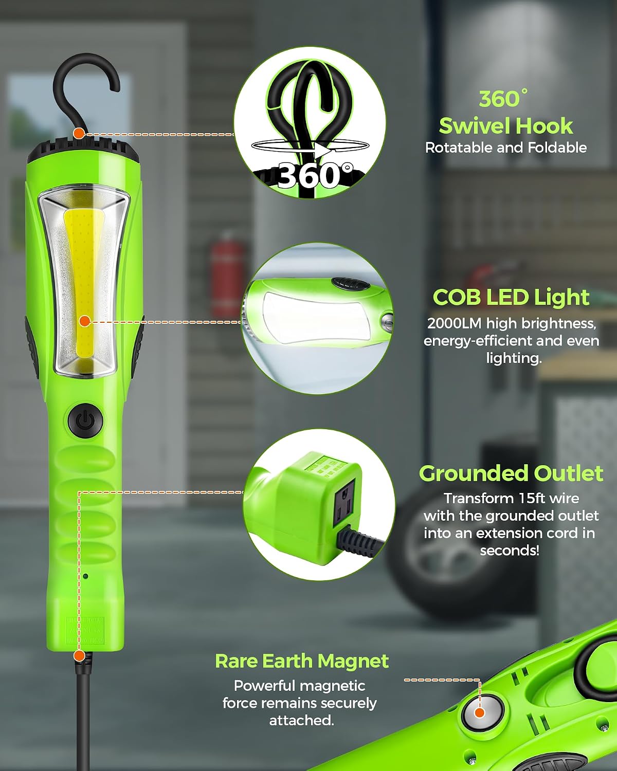 18W LED Work Light, 15FT 2000LM COB LED Light, Handheld Underhood Trouble Light with Cord 16 Gauge SJTW, Swivel Hook, for Garage, Workshop, Car Repair Scene, ETL Listed, Green J03WL06
