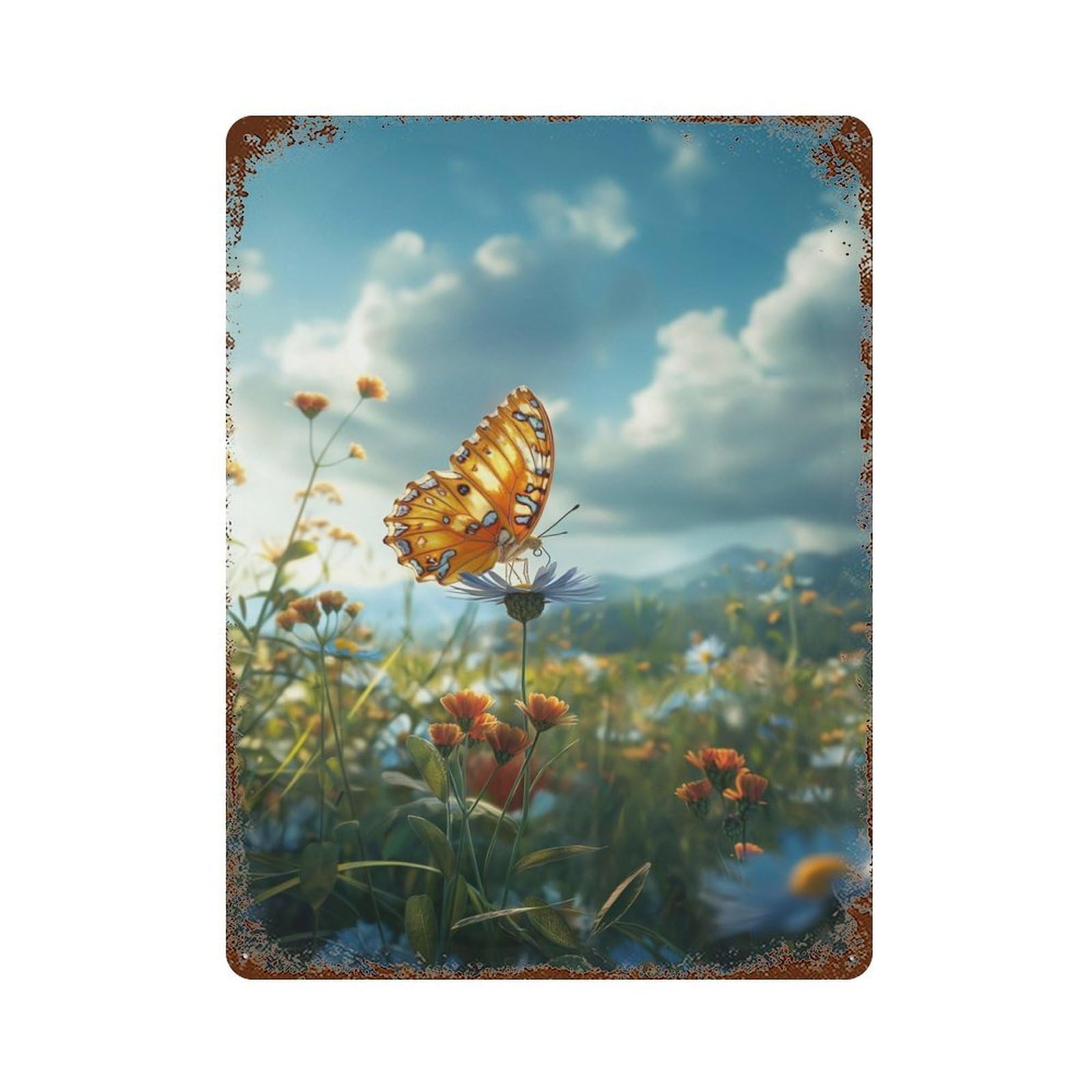 Butterflys Meadow Rest Vintage Wall Sign 15.7"x11.8", Rust Effect Metal Decor for Living Room, Hallway And Home Decor
