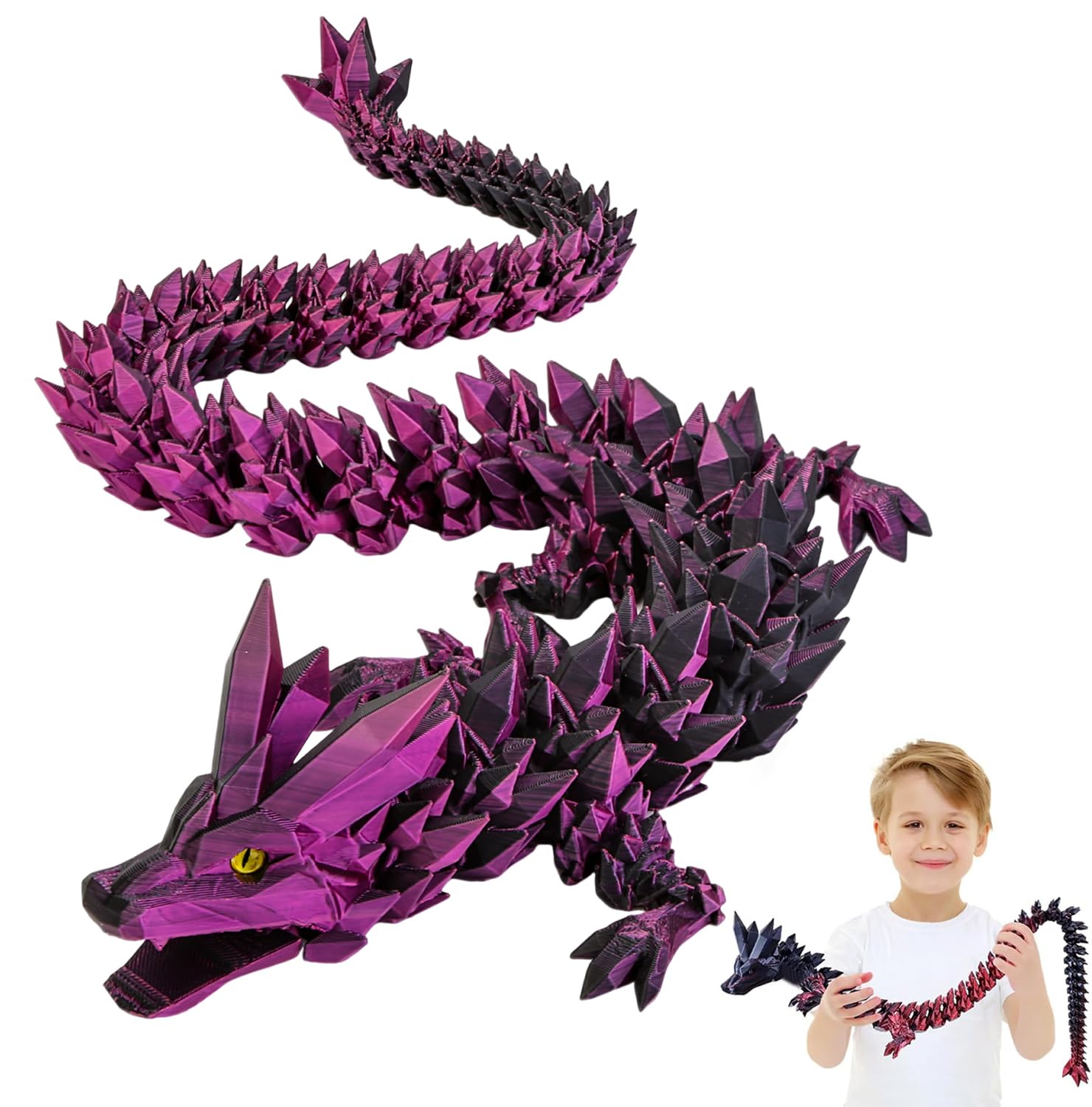 3D Printed Dragon Toys with Eyes, Bendable and Flexible Big Fidget, 24 inches Dazzling Gradient Crystal Wyrm, Articulated Gem Serpent Figure for Home Office Decor (Mystic Black-Purple Dragon)