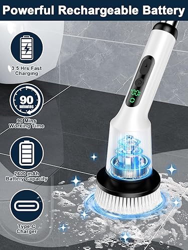 Miniatura 4 de Limpiador eléctrico giratorio para limpieza de baño, cepillo de limpieza inalámbrico con IPX7 impermeable y 2 velocidades, cepillo de limpieza 8 en