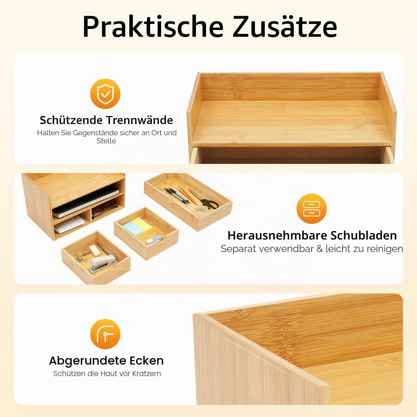 Mini Tischorganizer Schreibtisch Box mit 2/3/4 Schubladen, aus Natürlichem Bambus, Bambus Schreibtisch Organizer, Einteiliges Design, für Büro Wohnzimmer und Schlafzimmer (3 Schubladen)
