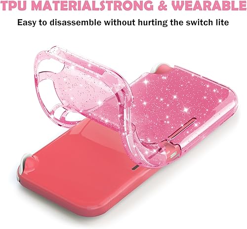 Miniatura 6 de DLseego Funda protectora con purpurina rosa para Switch Lite, cubierta de TPU suave de cristal transparente con absorción de golpes y diseño