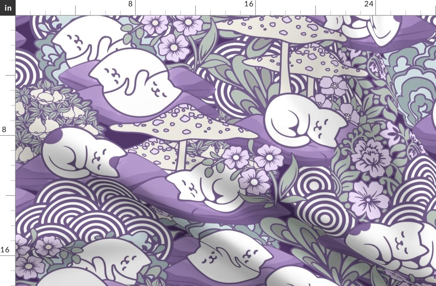 Spoonflower Fabric - Sleeping Cats Whimsical Purple Gray Toadstools Kawaii Kittens Printed on Polartec(R) Fleece Fabric by The Yard - Sewing Blankets Loungewear and No-Sew Projects