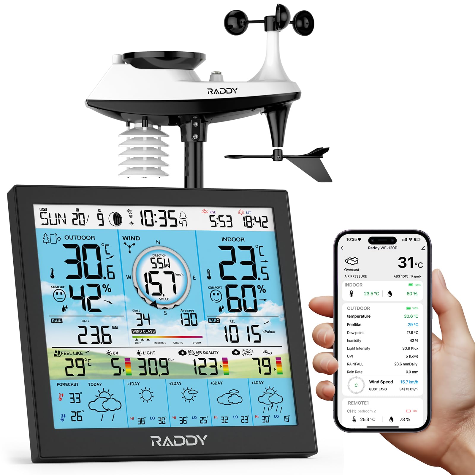 Raddy WF-120P Stazione meteorologica Wi-Fi professionale 10″ display colori HTN PM2.5 sensore esterno 7-in-1